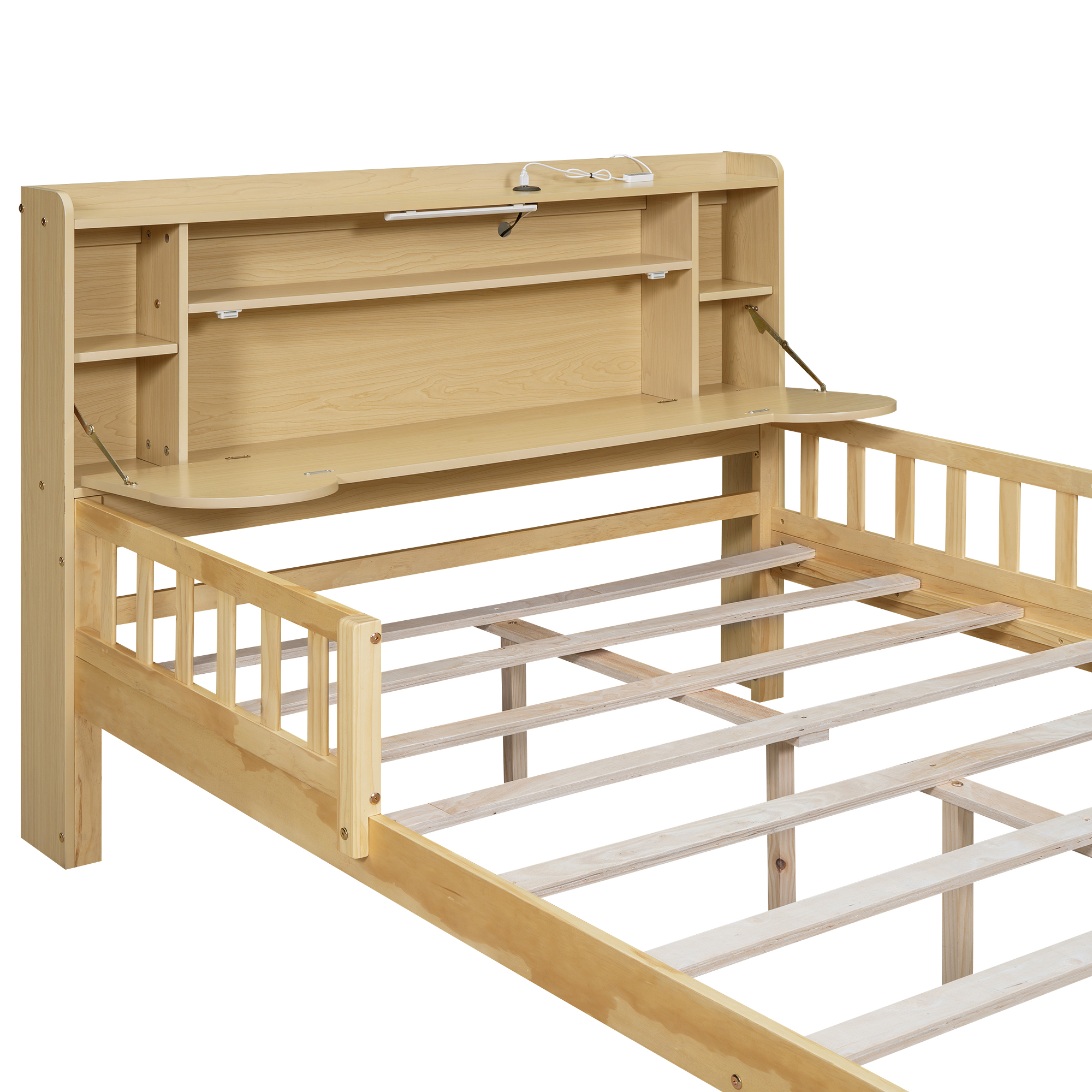 Full/Twin Size Car Bed with Bear-Shaped Headboard, USB and LED, Natural 