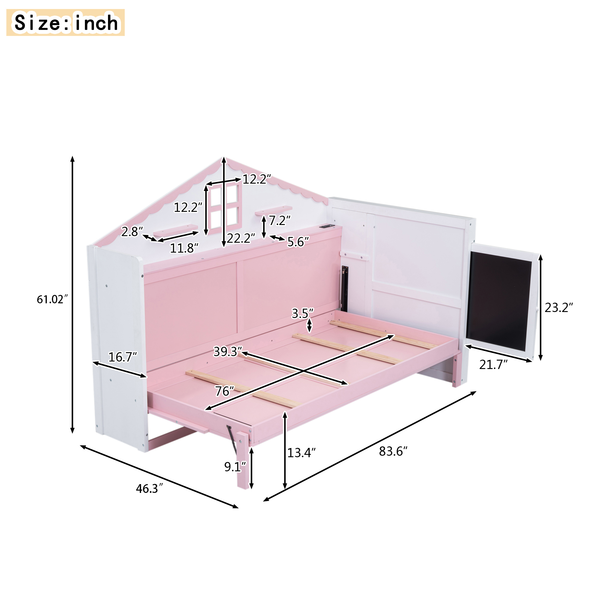 Wood Twin/Full Size House Murphy Bed with USB, Storage Shelves and Blackboard, Pink+White 