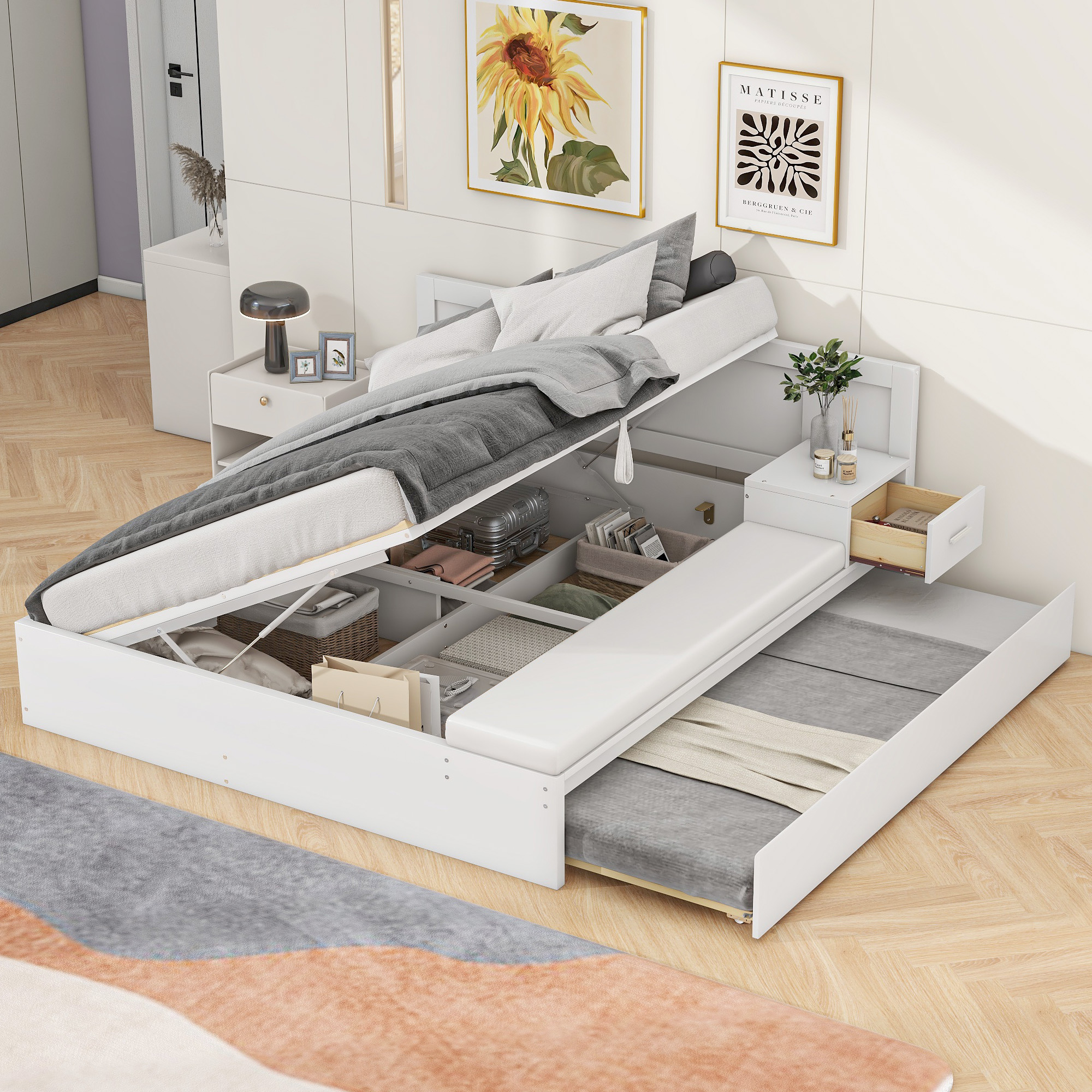 Full Size Wood Storage Hydraulic Platform Bed with Twin Size Trundle, Side Table and Lounge, Gray/White 