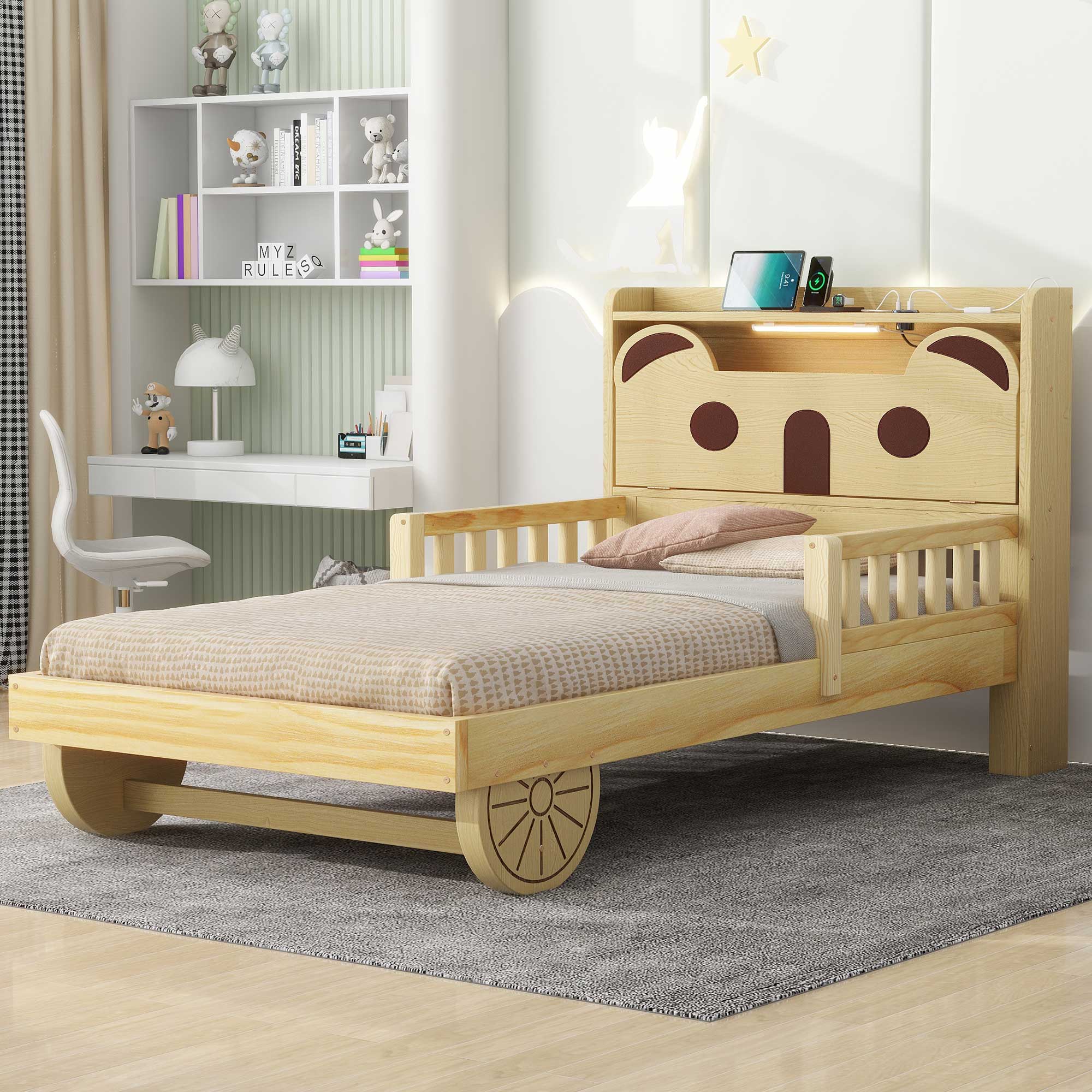 Full/Twin Size Car Bed with Bear-Shaped Headboard, USB and LED, Natural 