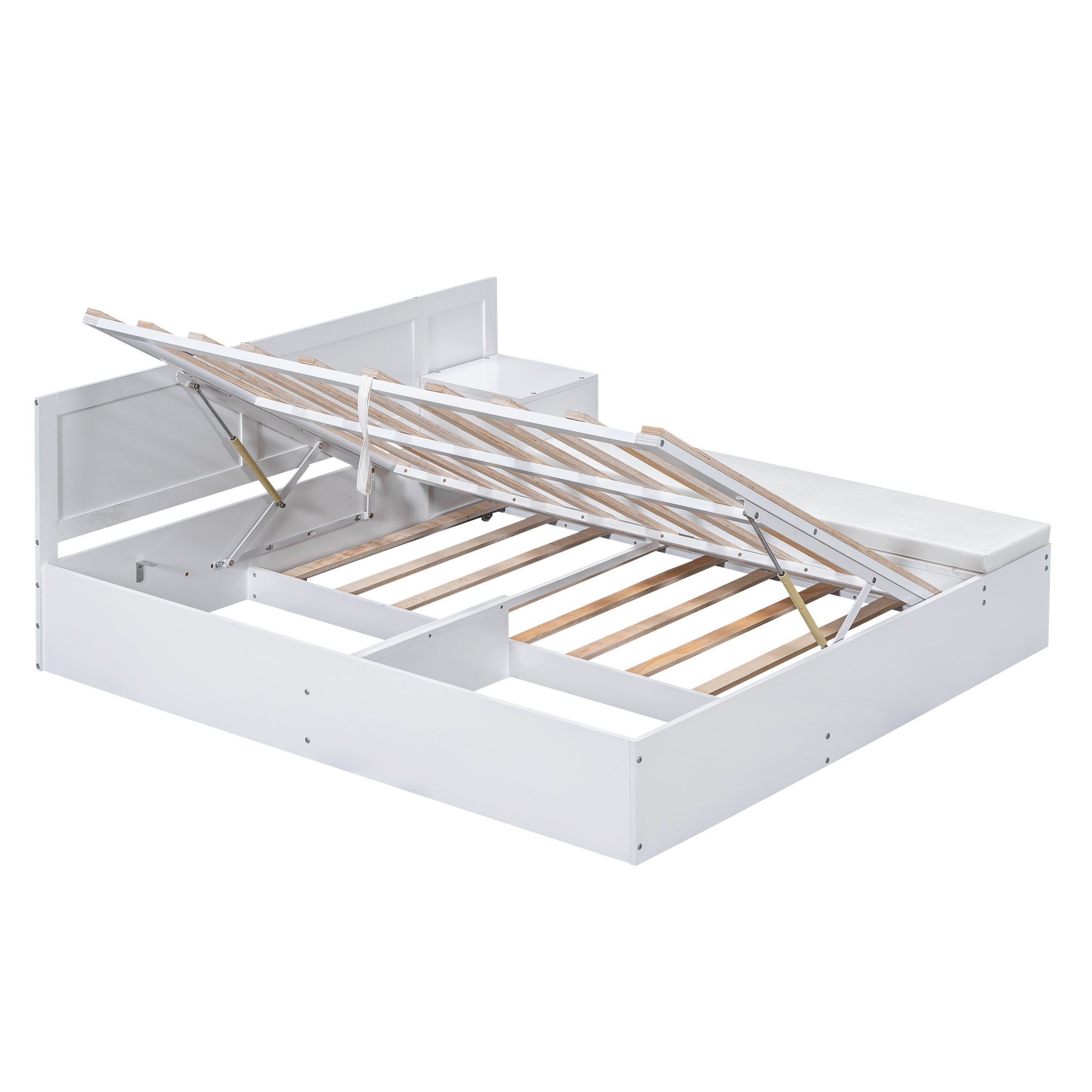 Full Size Wood Storage Hydraulic Platform Bed with Twin Size Trundle, Side Table and Lounge, Gray/White 