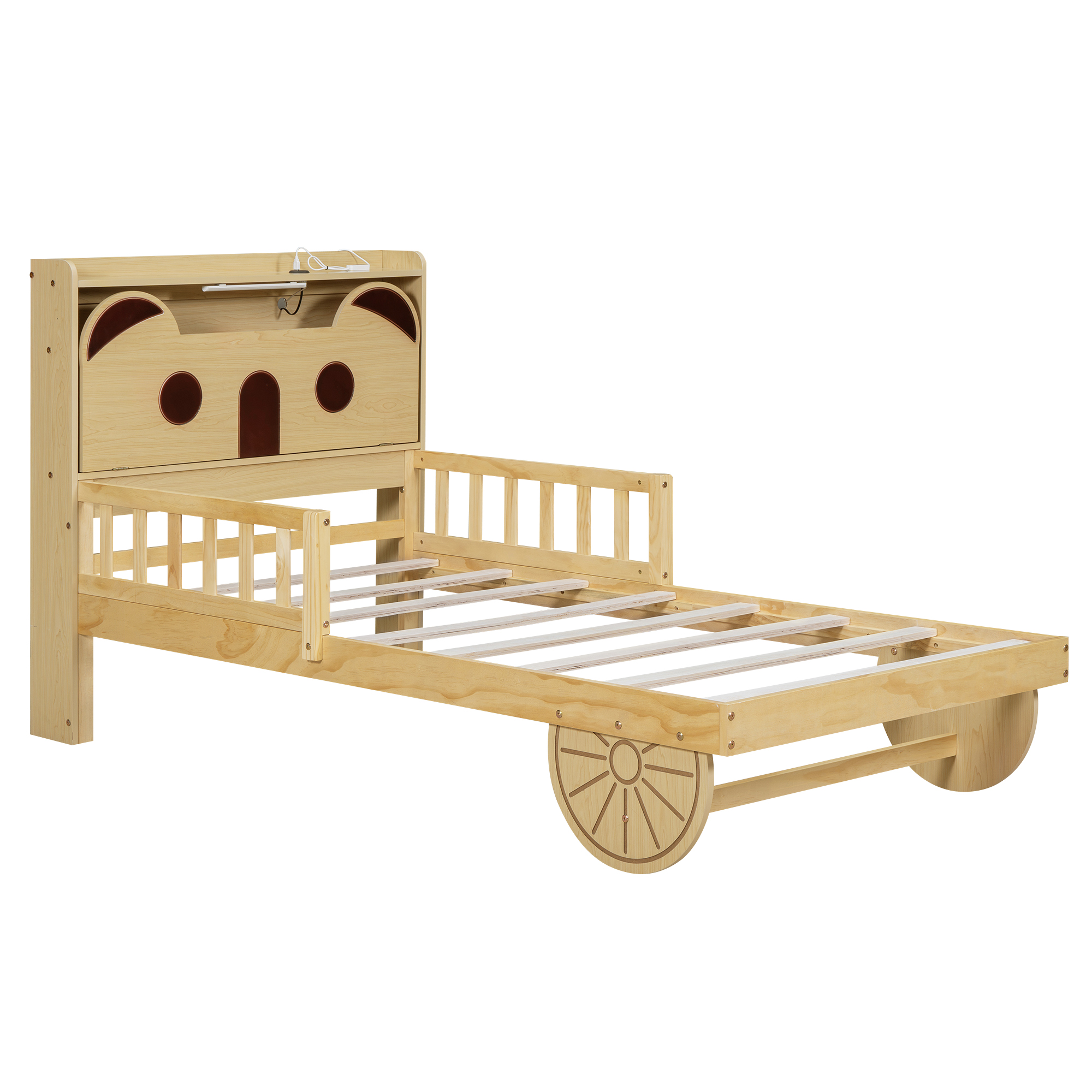 Full/Twin Size Car Bed with Bear-Shaped Headboard, USB and LED, Natural 