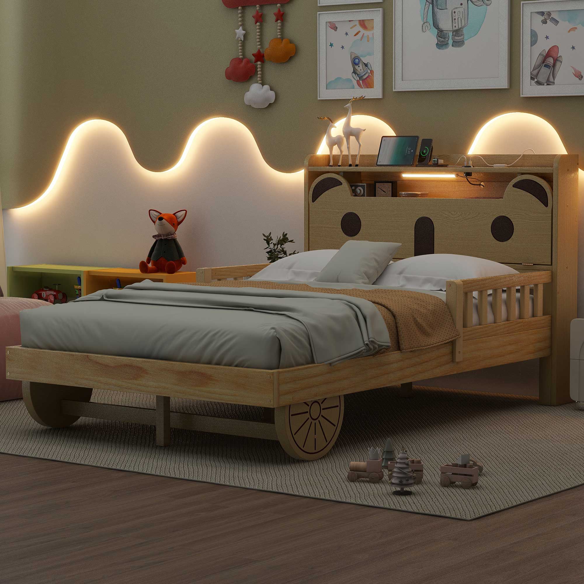 Full/Twin Size Car Bed with Bear-Shaped Headboard, USB and LED, Natural 