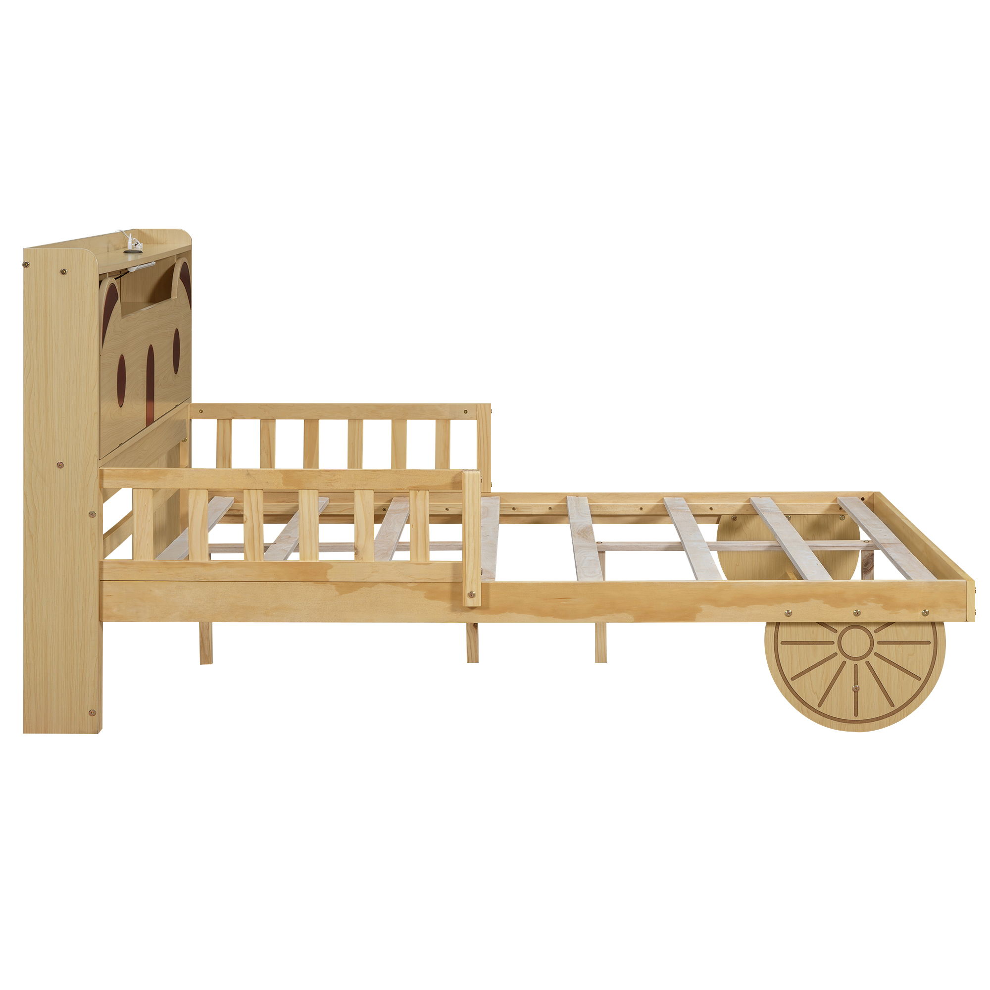 Full/Twin Size Car Bed with Bear-Shaped Headboard, USB and LED, Natural 