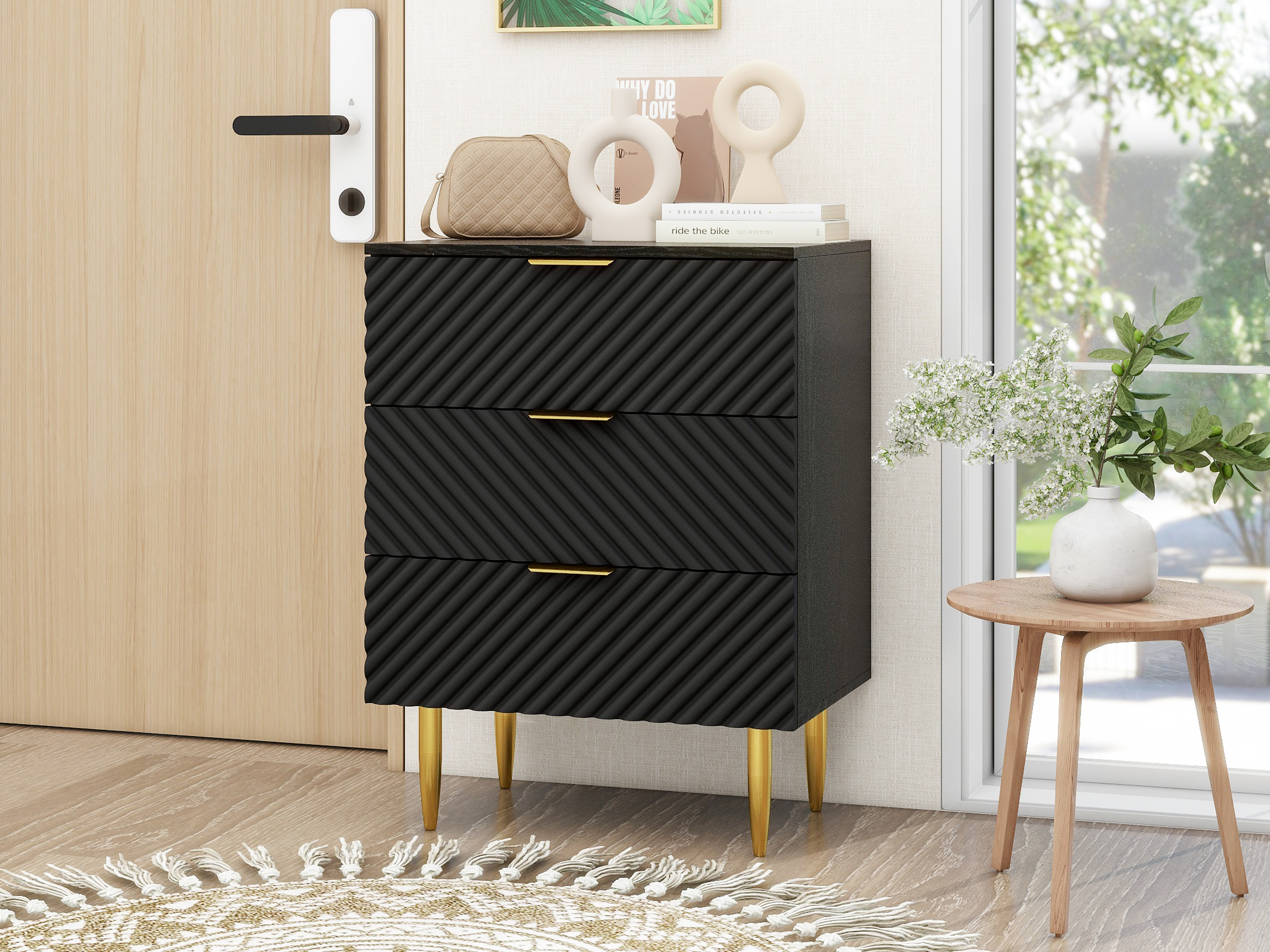 3 Drawer Cabinet, Accent Storage Cabinet, Suitable for Bedroom, Living Room, Study, Black/Blue
