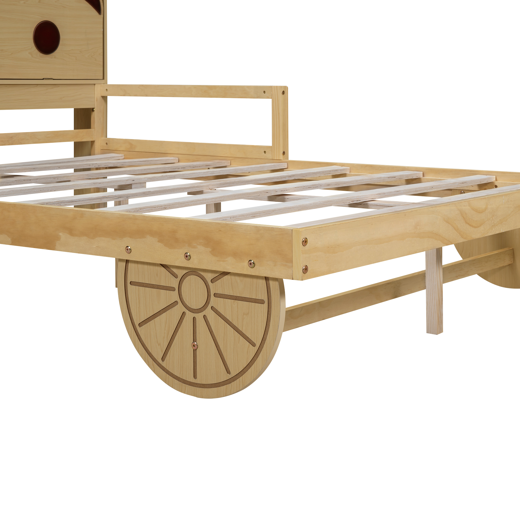 Full/Twin Size Car Bed with Bear-Shaped Headboard, USB and LED, Natural 