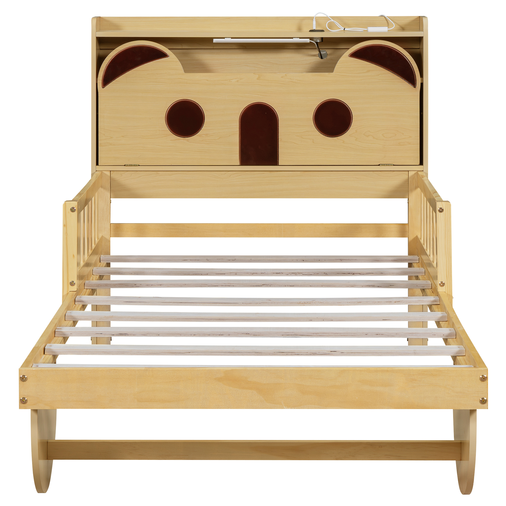 Full/Twin Size Car Bed with Bear-Shaped Headboard, USB and LED, Natural 