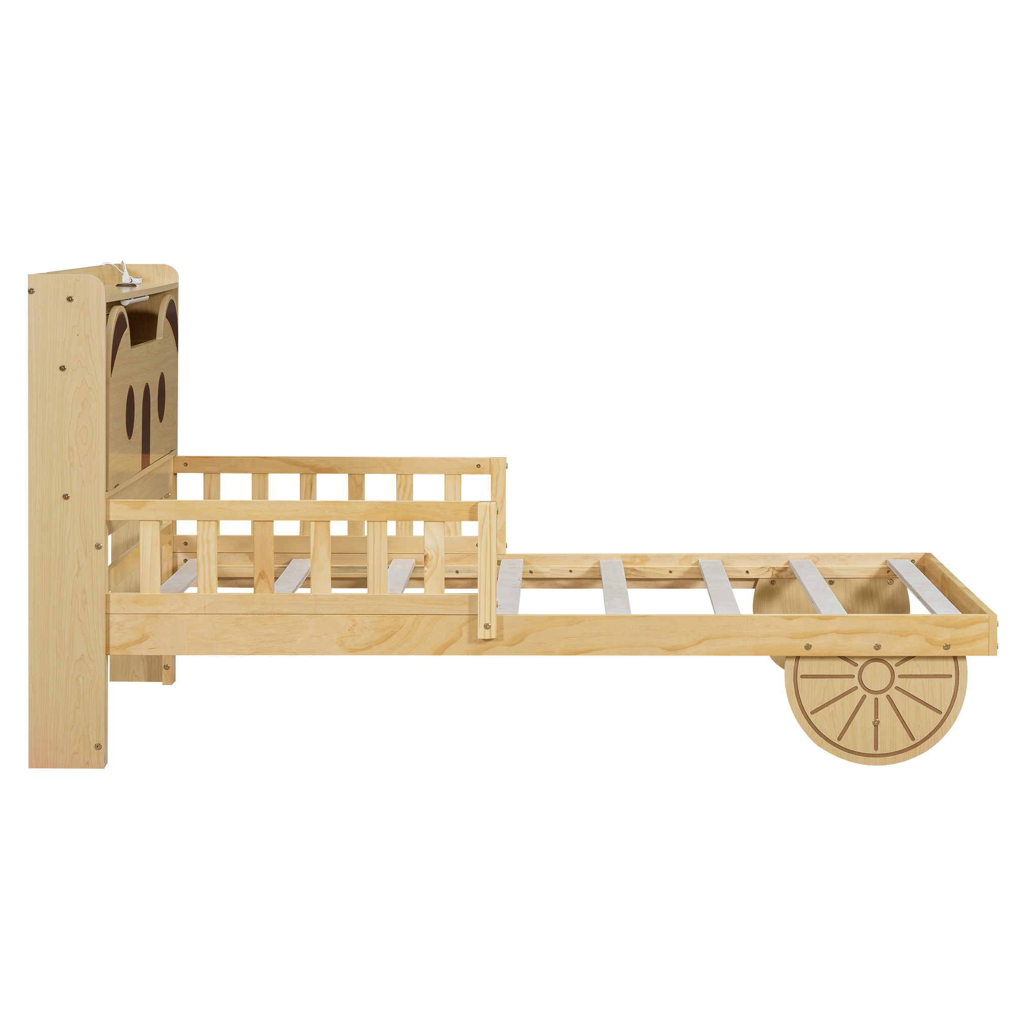 Full/Twin Size Car Bed with Bear-Shaped Headboard, USB and LED, Natural 