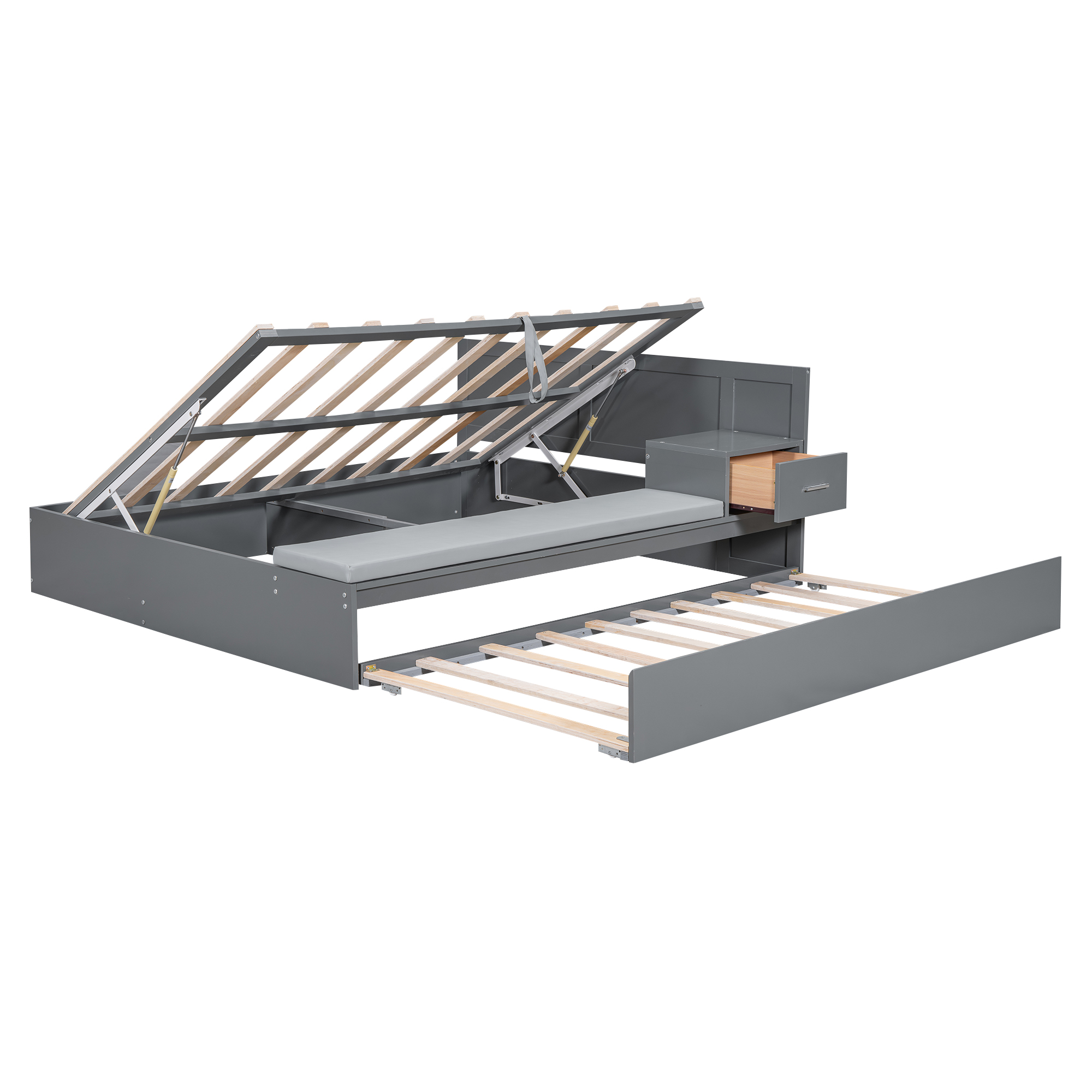 Full Size Wood Storage Hydraulic Platform Bed with Twin Size Trundle, Side Table and Lounge, Gray/White 