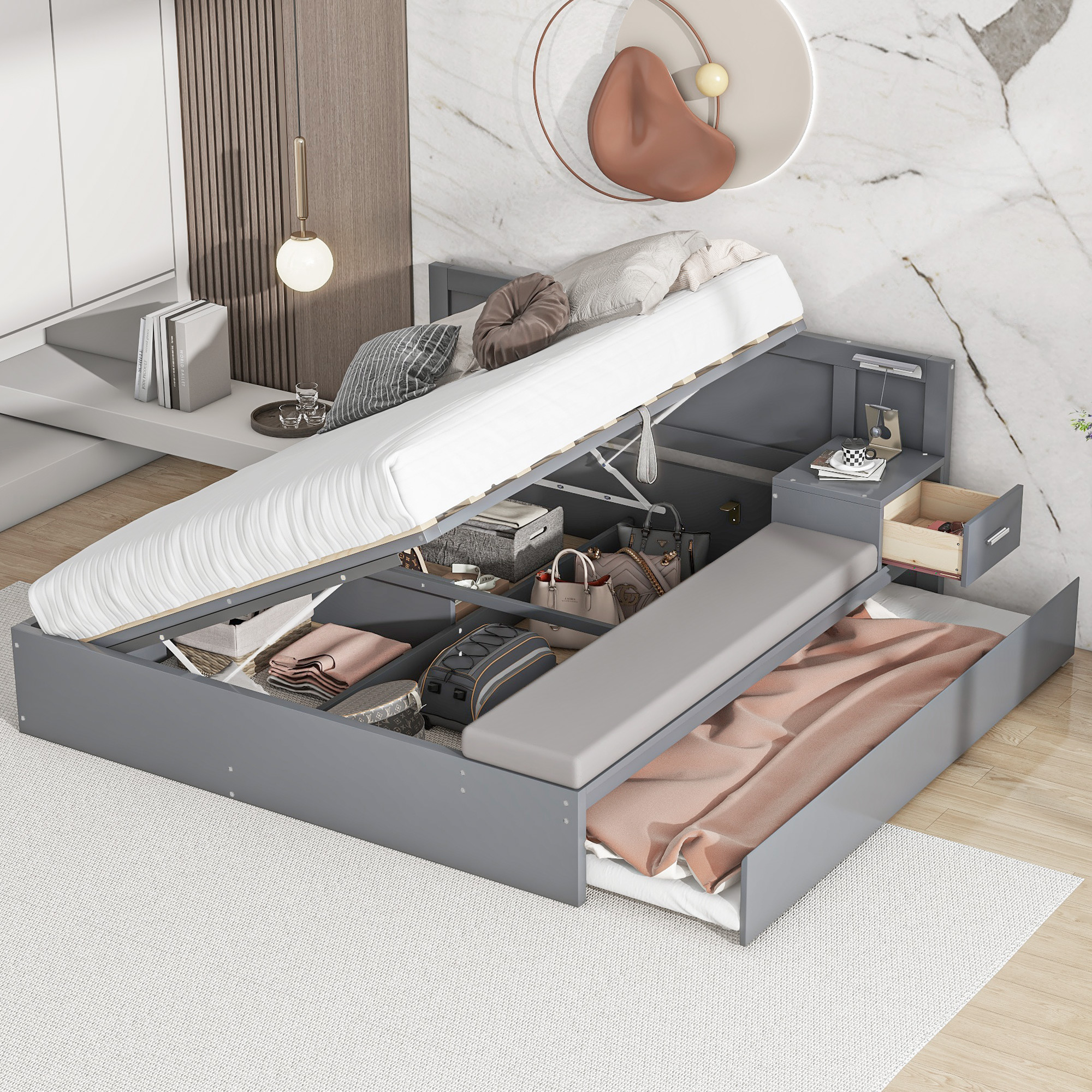 Full Size Wood Storage Hydraulic Platform Bed with Twin Size Trundle, Side Table and Lounge, Gray/White 