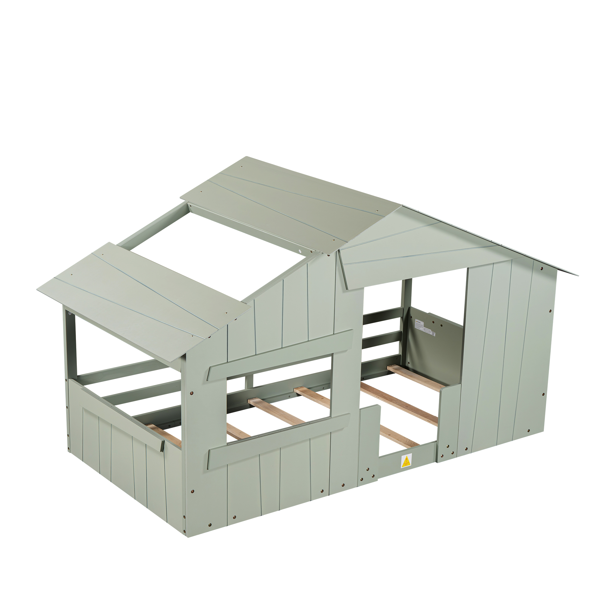 Wood Full/Twin Size House Bed with Roof, Window and Guardrail, Light Green/White