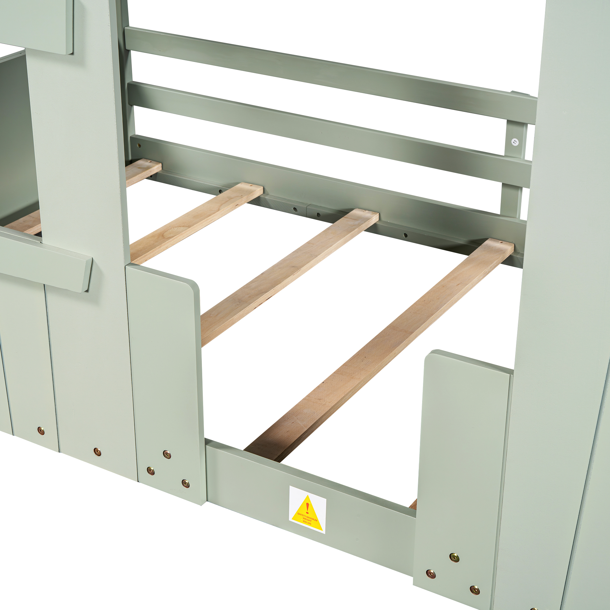 Wood Full/Twin Size House Bed with Roof, Window and Guardrail, Light Green/White