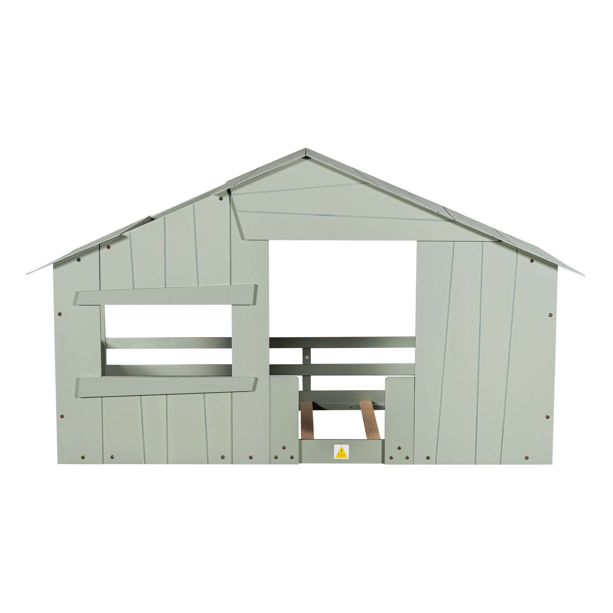 Wood Full/Twin Size House Bed with Roof, Window and Guardrail, Light Green/White