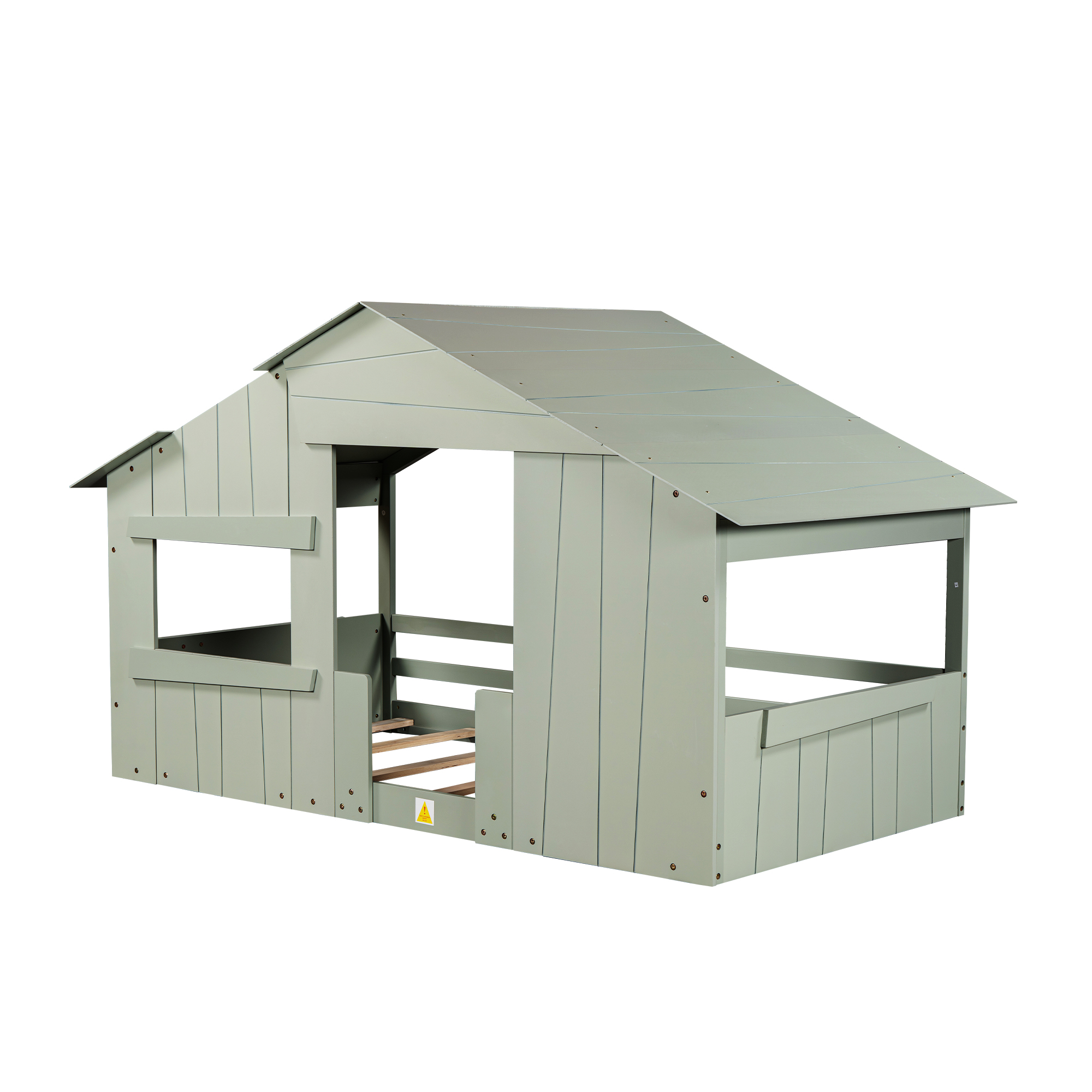 Wood Full/Twin Size House Bed with Roof, Window and Guardrail, Light Green/White