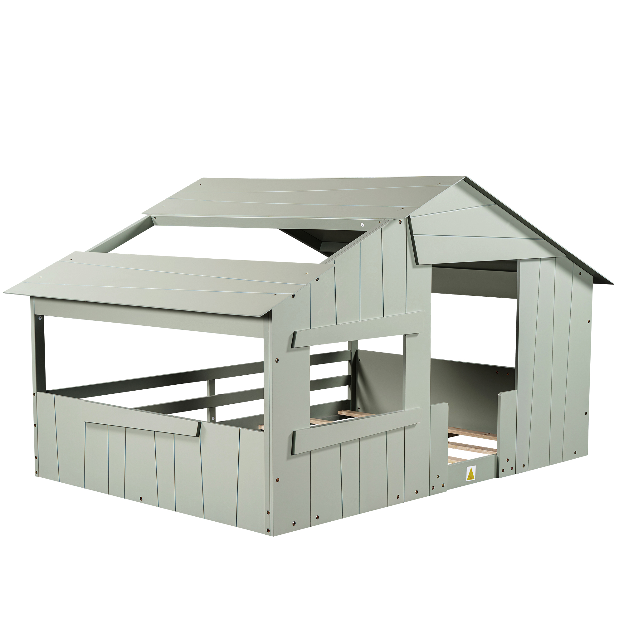 Wood Full/Twin Size House Bed with Roof, Window and Guardrail, Light Green/White