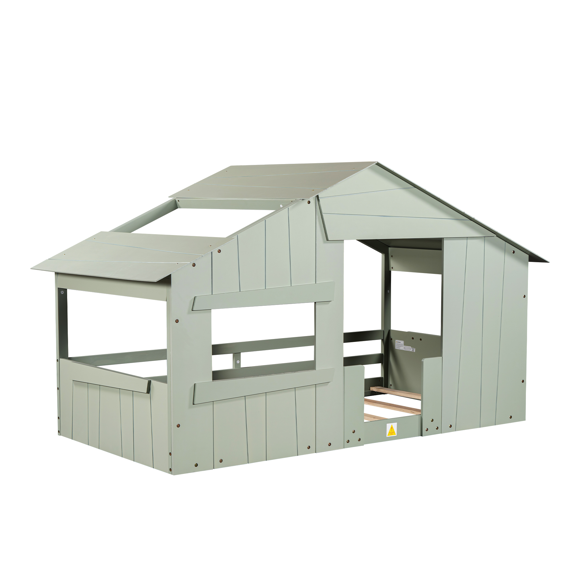 Wood Full/Twin Size House Bed with Roof, Window and Guardrail, Light Green/White