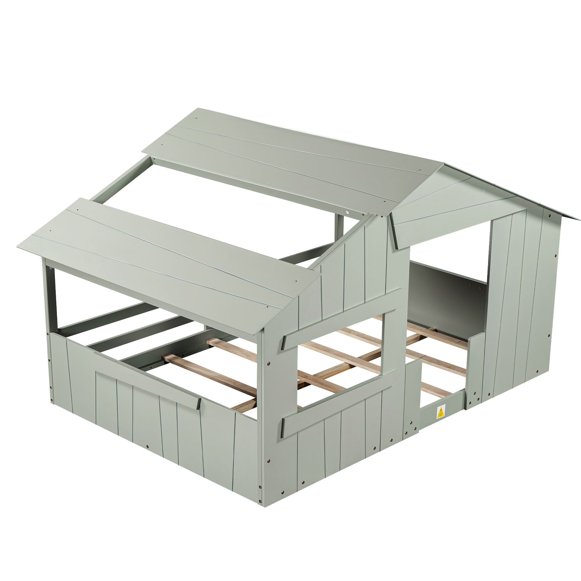Wood Full/Twin Size House Bed with Roof, Window and Guardrail, Light Green/White