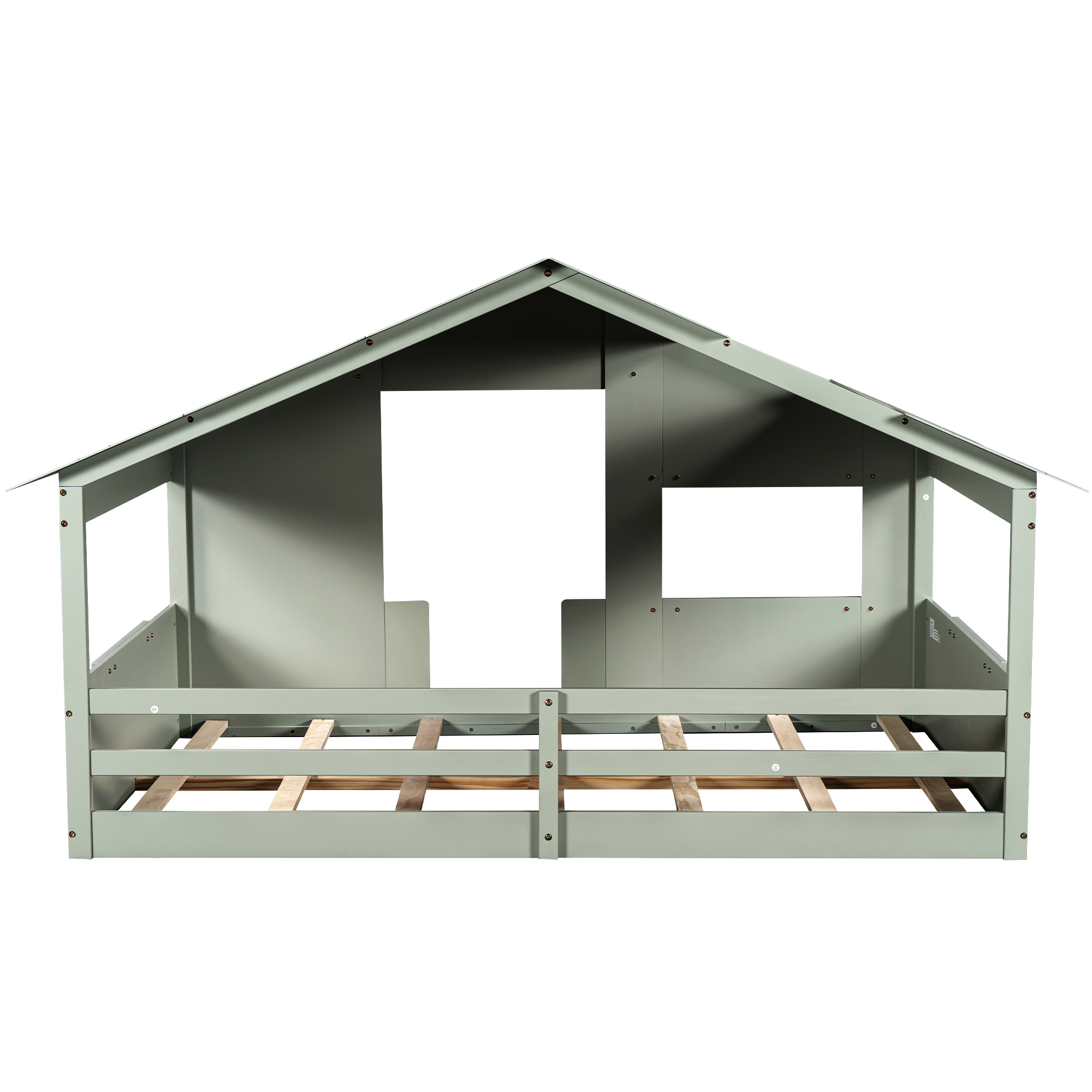 Wood Full/Twin Size House Bed with Roof, Window and Guardrail, Light Green/White