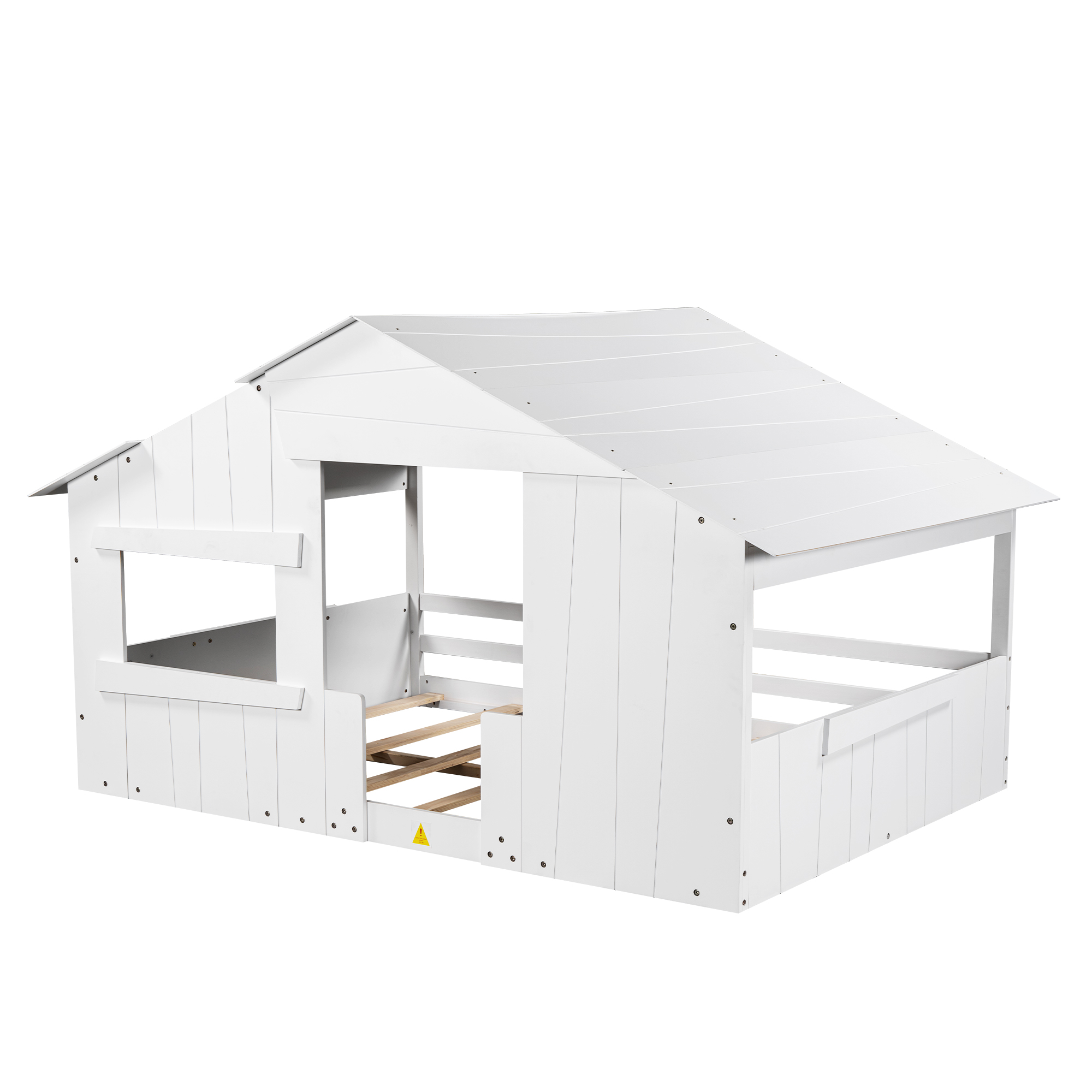 Wood Full/Twin Size House Bed with Roof, Window and Guardrail, Light Green/White