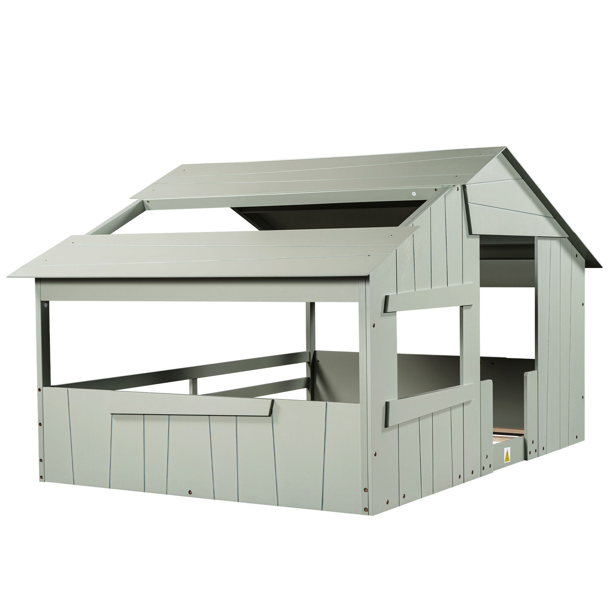 Wood Full/Twin Size House Bed with Roof, Window and Guardrail, Light Green/White