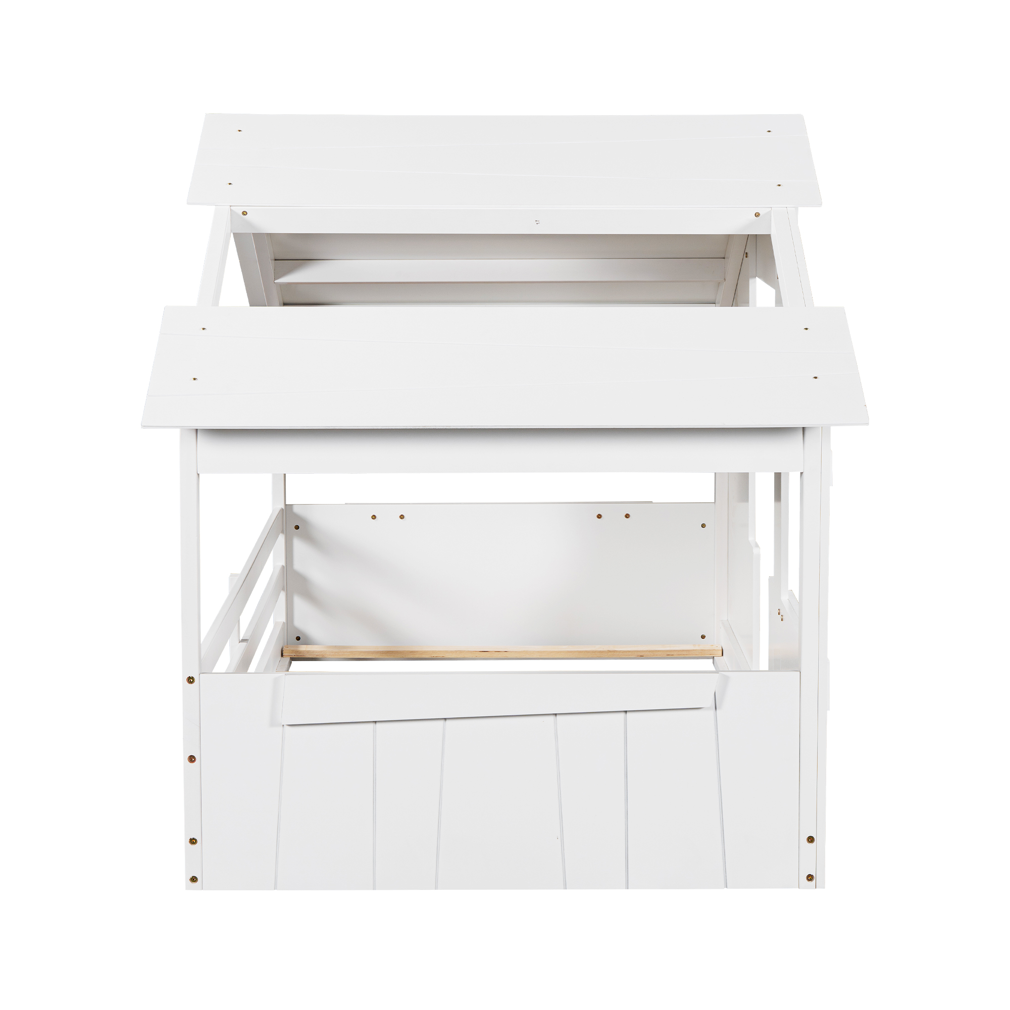 Wood Full/Twin Size House Bed with Roof, Window and Guardrail, Light Green/White