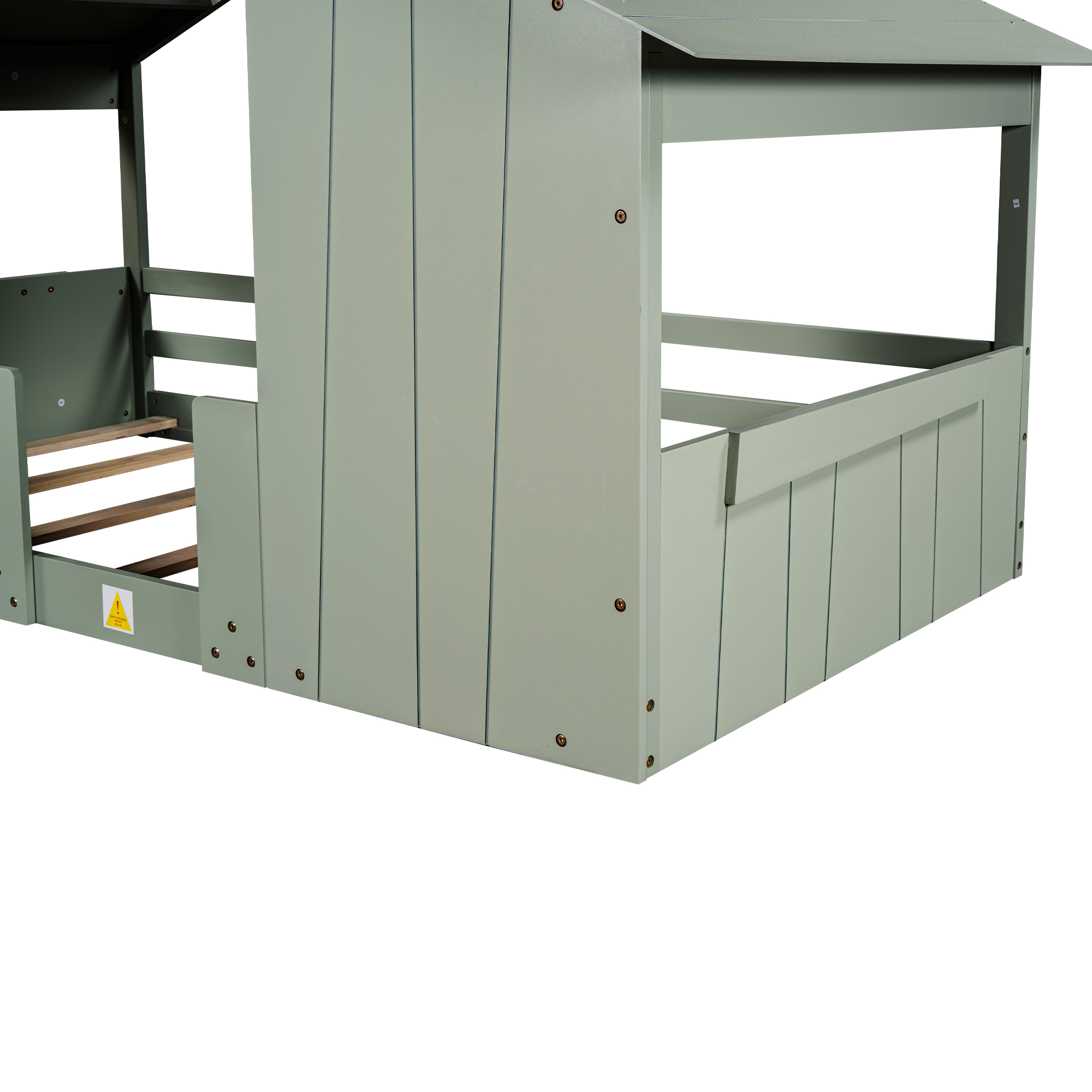 Wood Full/Twin Size House Bed with Roof, Window and Guardrail, Light Green/White