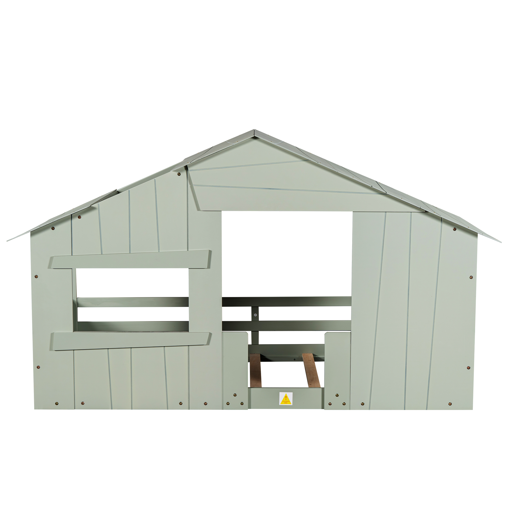 Wood Full/Twin Size House Bed with Roof, Window and Guardrail, Light Green/White
