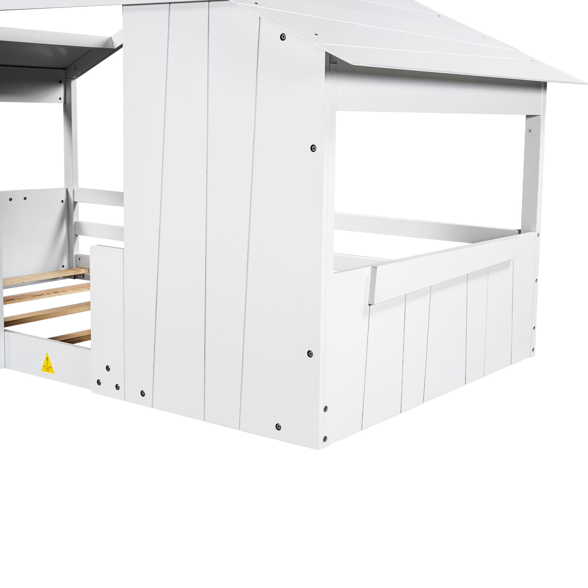 Wood Full/Twin Size House Bed with Roof, Window and Guardrail, Light Green/White