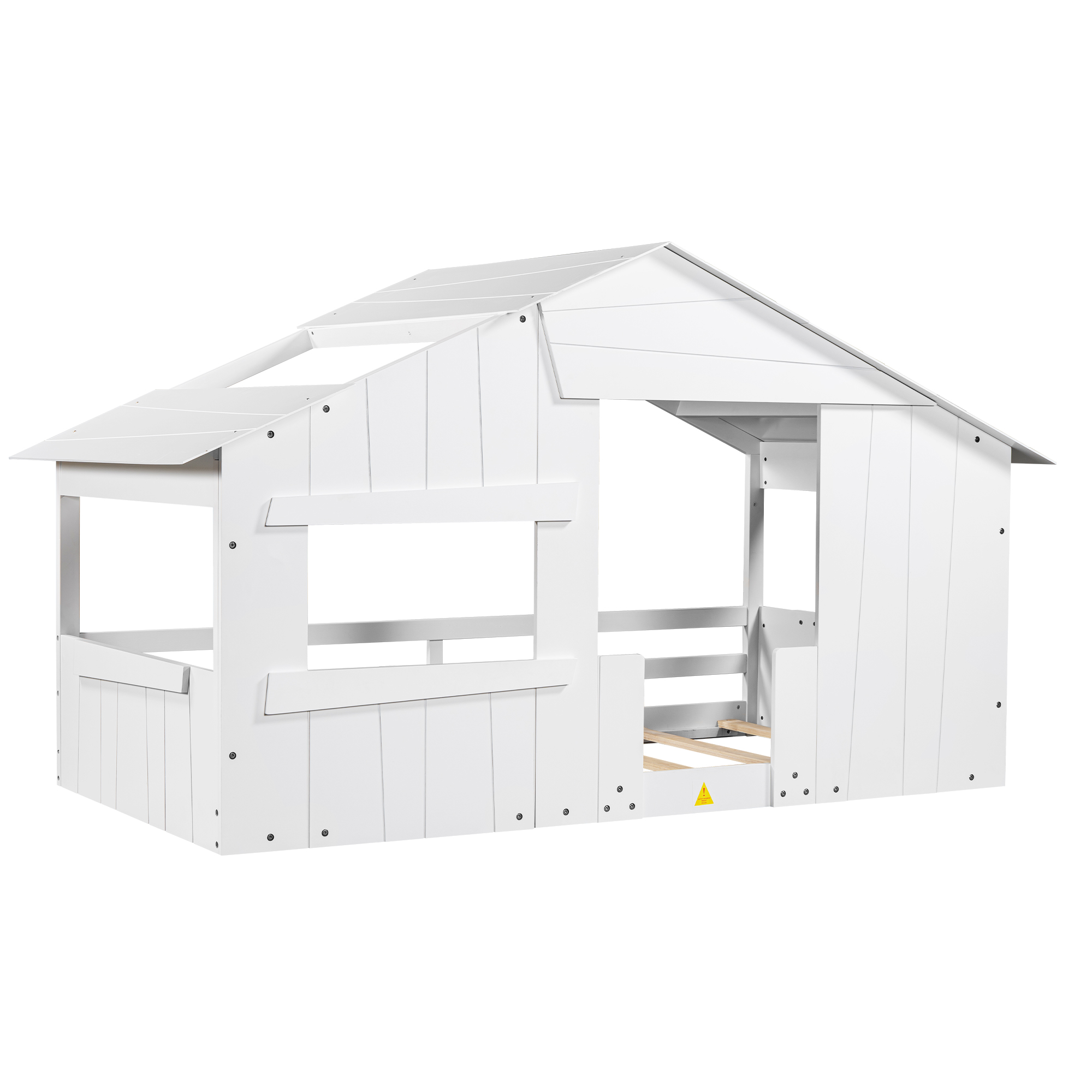 Wood Full/Twin Size House Bed with Roof, Window and Guardrail, Light Green/White