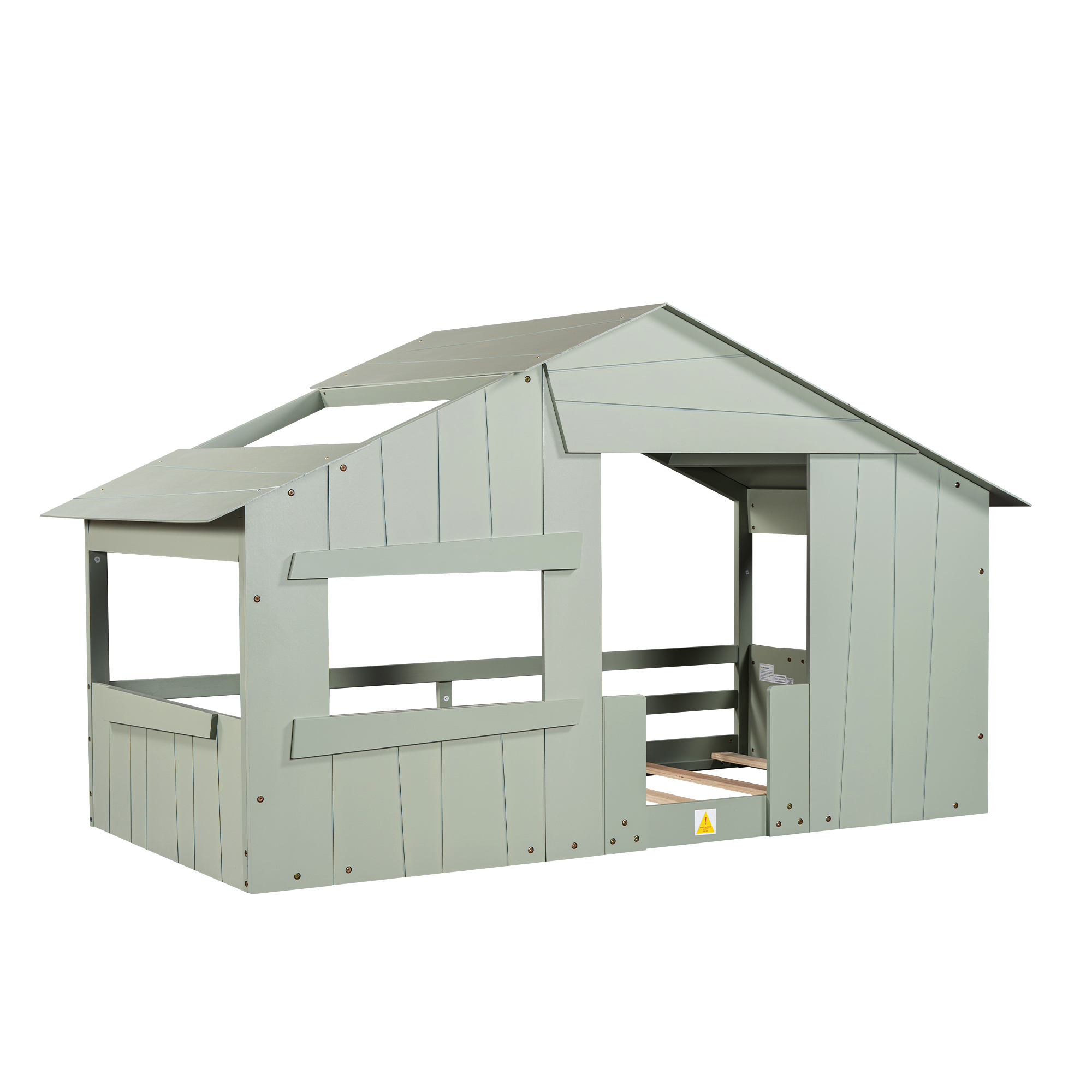 Wood Full/Twin Size House Bed with Roof, Window and Guardrail, Light Green/White