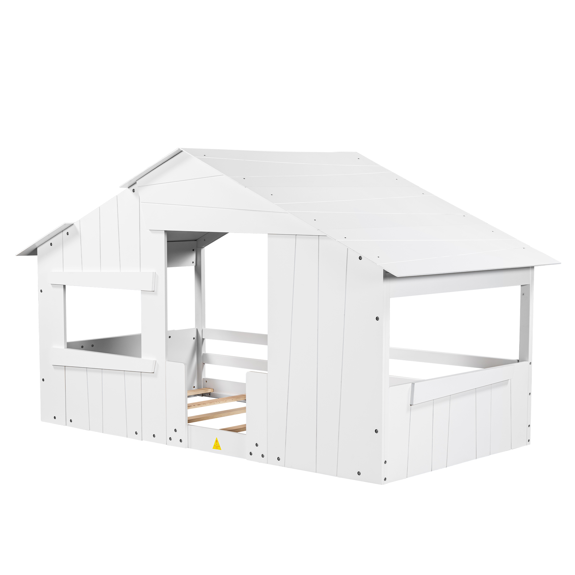 Wood Full/Twin Size House Bed with Roof, Window and Guardrail, Light Green/White