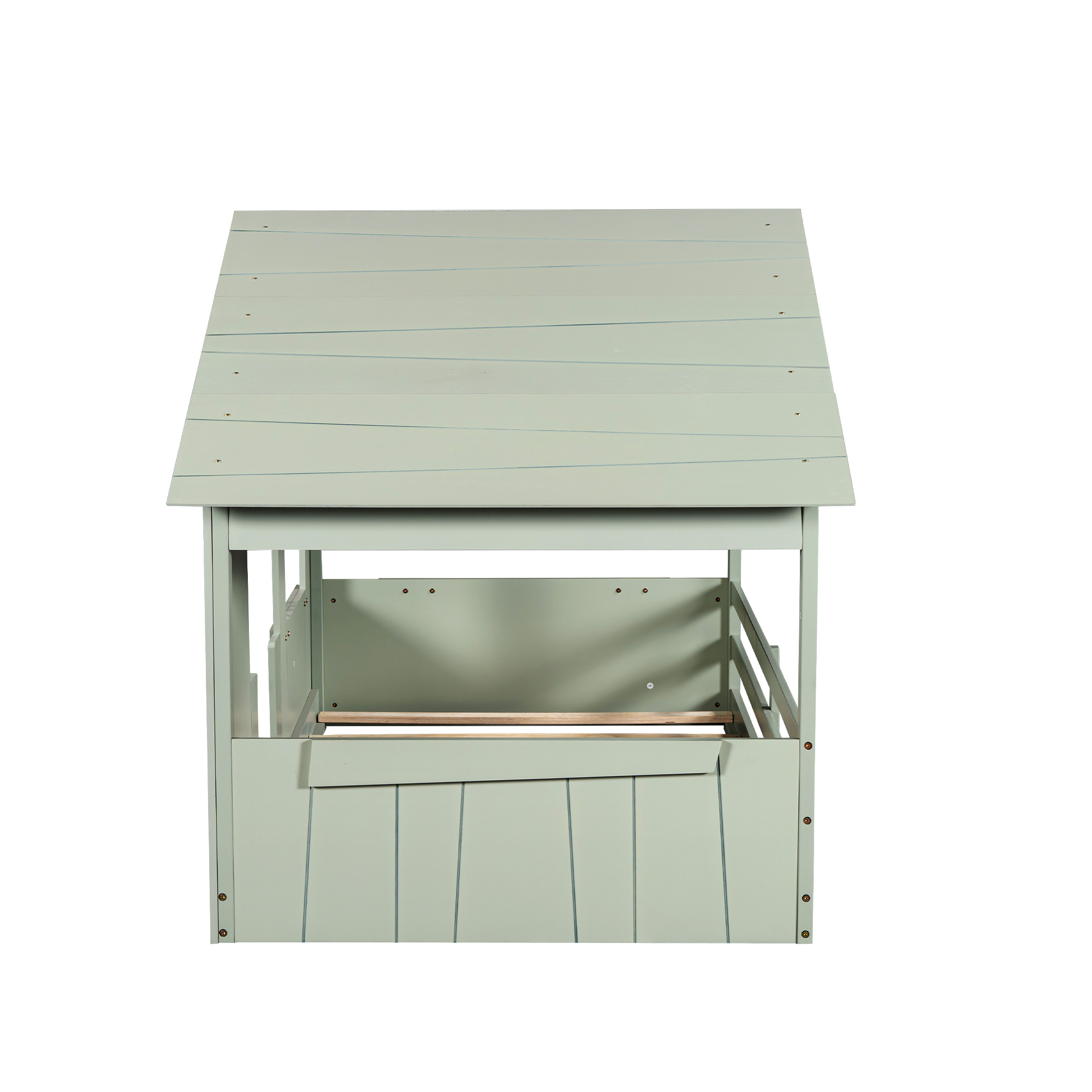 Wood Full/Twin Size House Bed with Roof, Window and Guardrail, Light Green/White