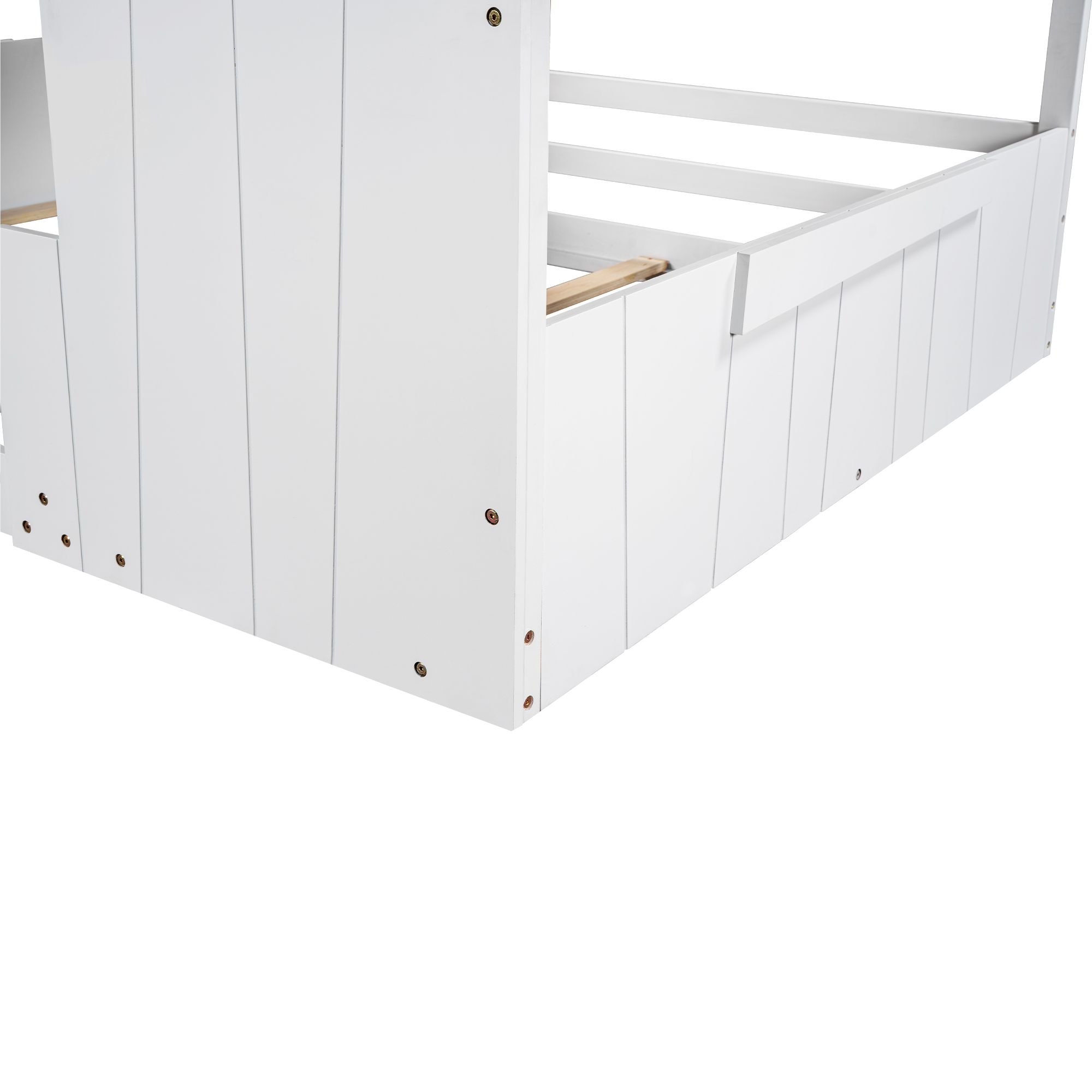 Wood Full/Twin Size House Bed with Roof, Window and Guardrail, Light Green/White