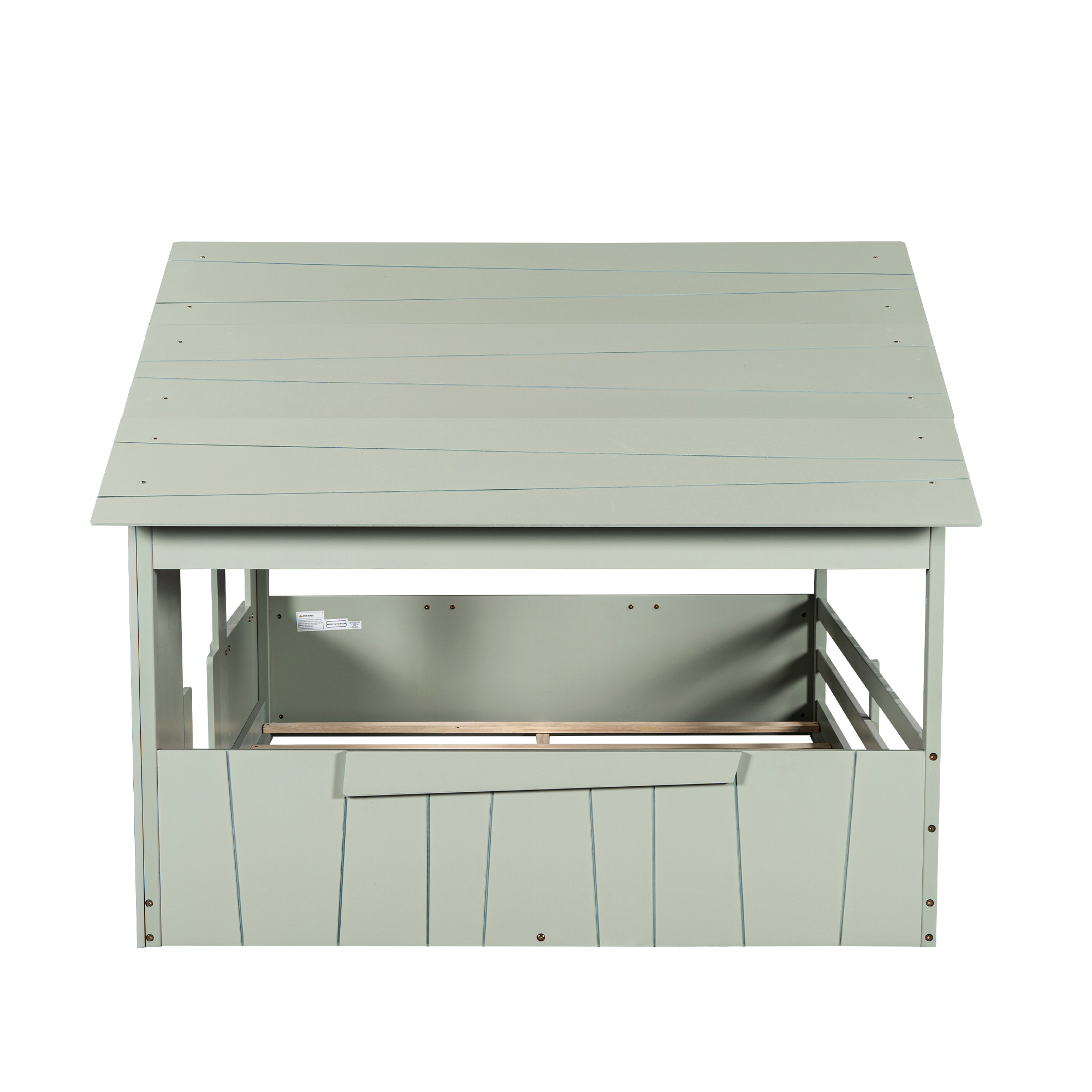 Wood Full/Twin Size House Bed with Roof, Window and Guardrail, Light Green/White