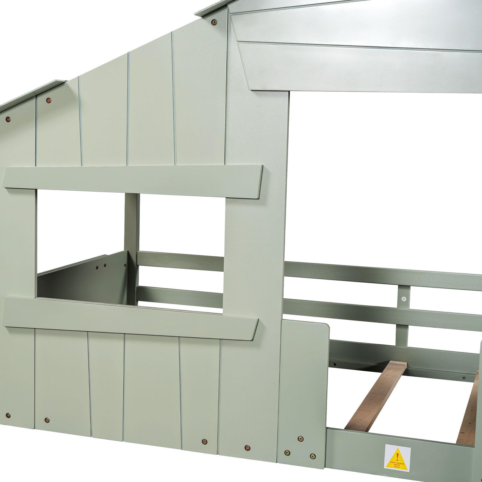 Wood Full/Twin Size House Bed with Roof, Window and Guardrail, Light Green/White