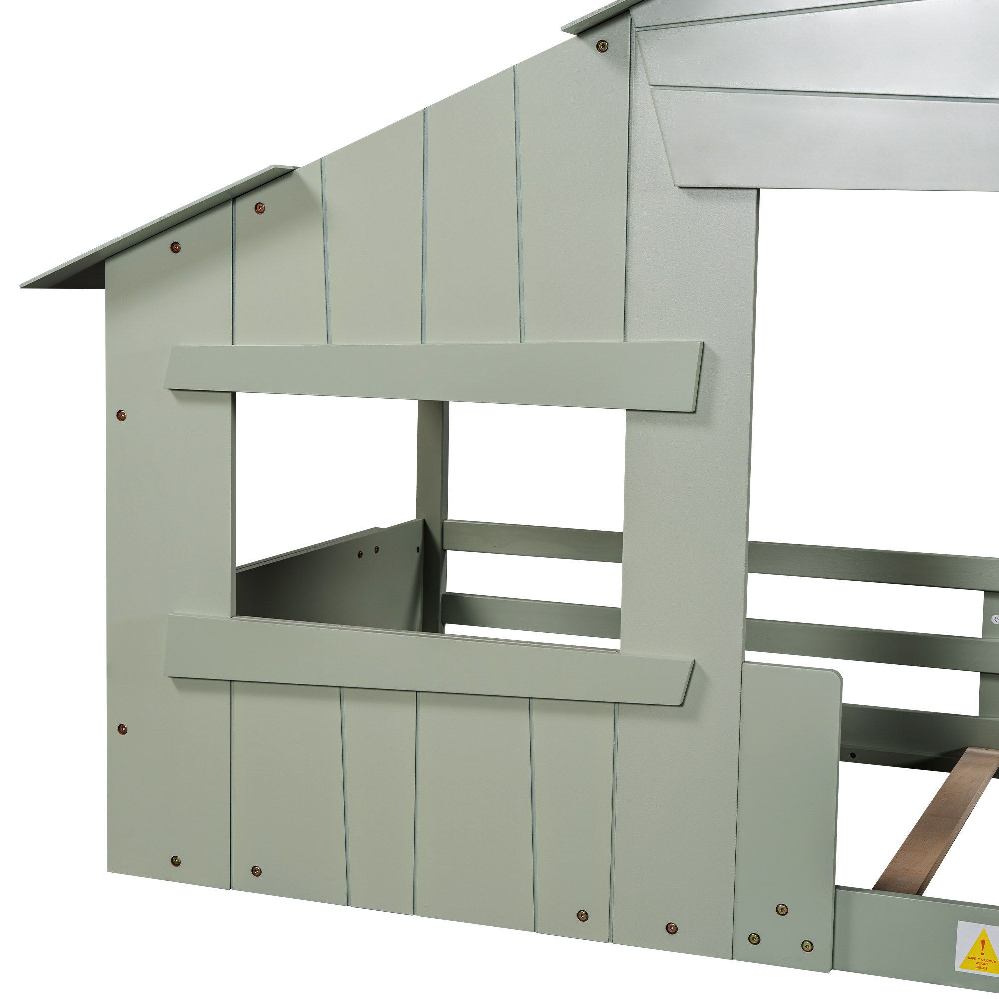 Wood Full/Twin Size House Bed with Roof, Window and Guardrail, Light Green/White