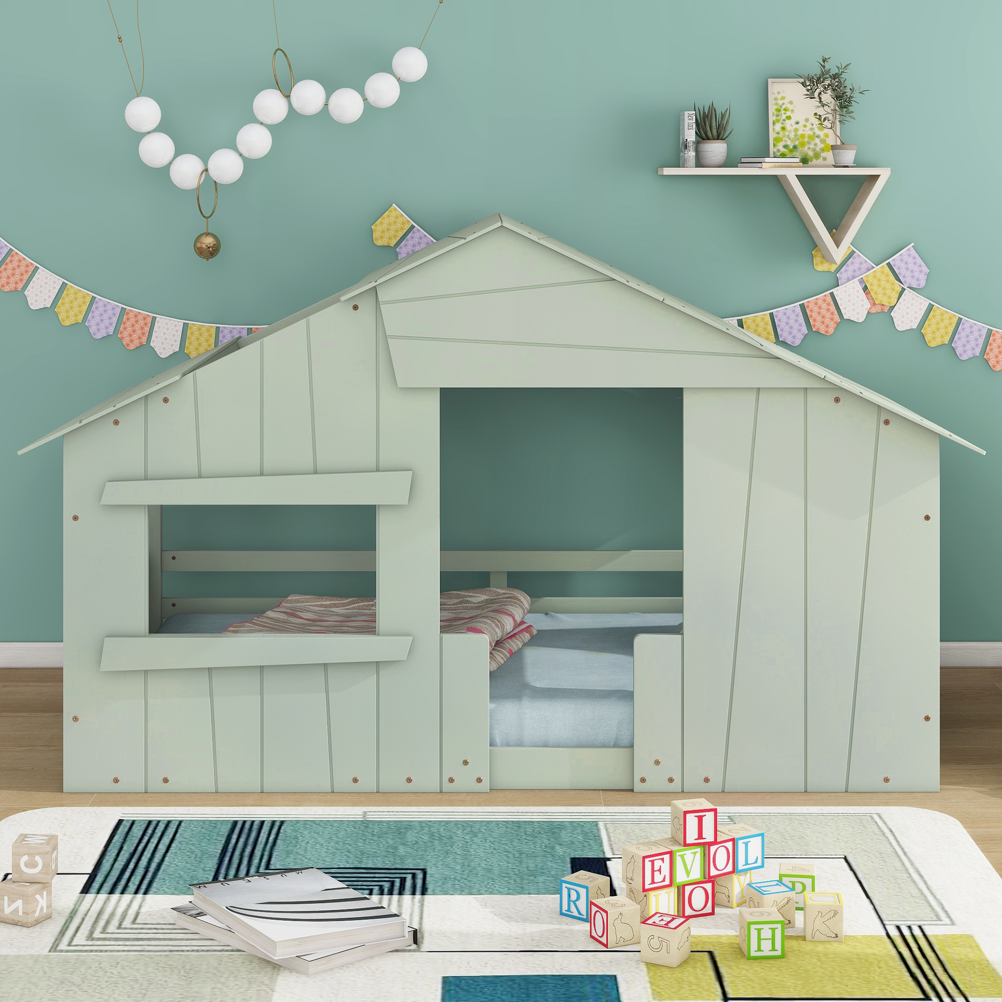 Wood Full/Twin Size House Bed with Roof, Window and Guardrail, Light Green/White