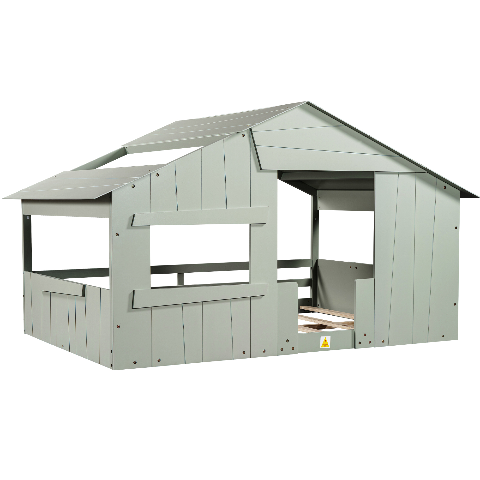 Wood Full/Twin Size House Bed with Roof, Window and Guardrail, Light Green/White