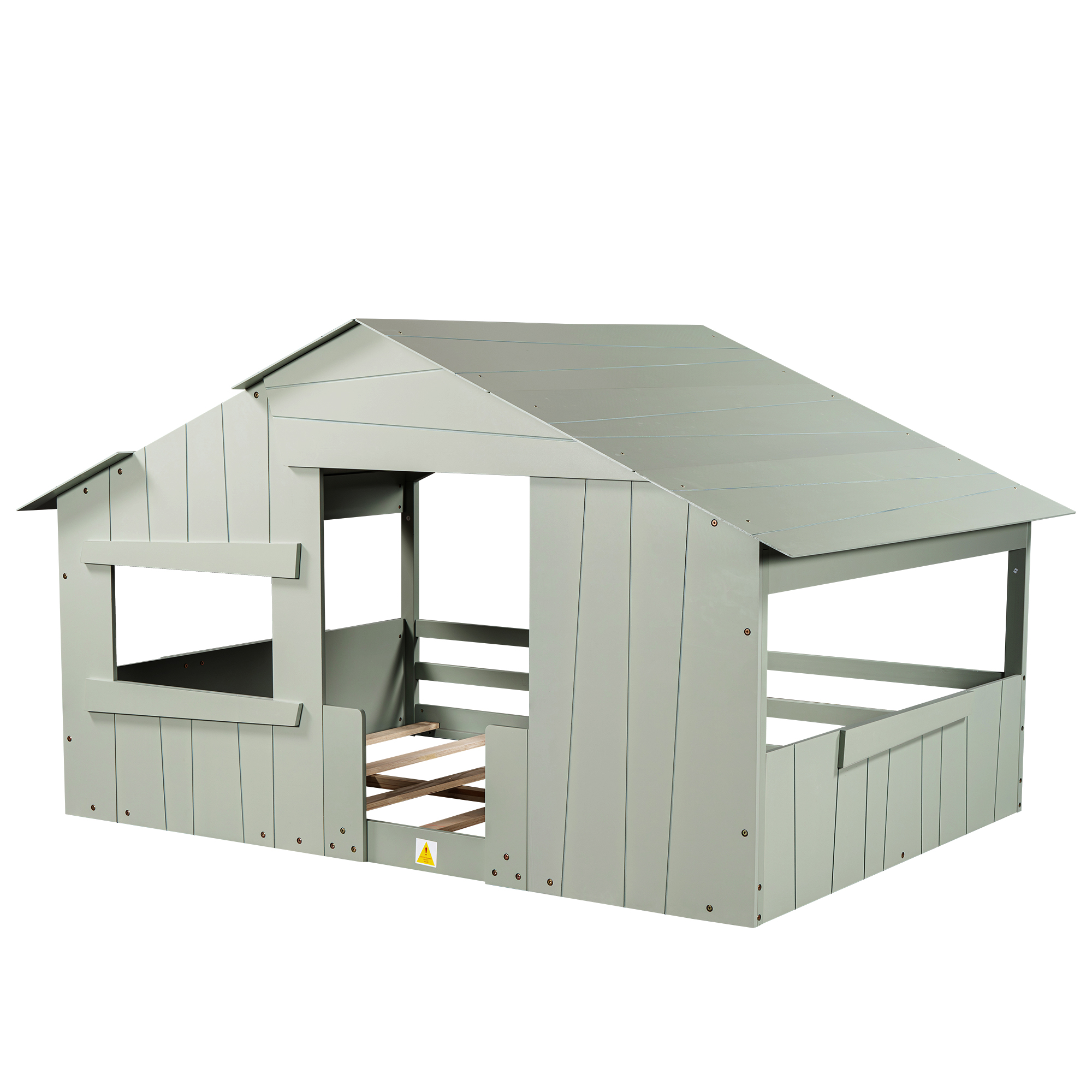 Wood Full/Twin Size House Bed with Roof, Window and Guardrail, Light Green/White
