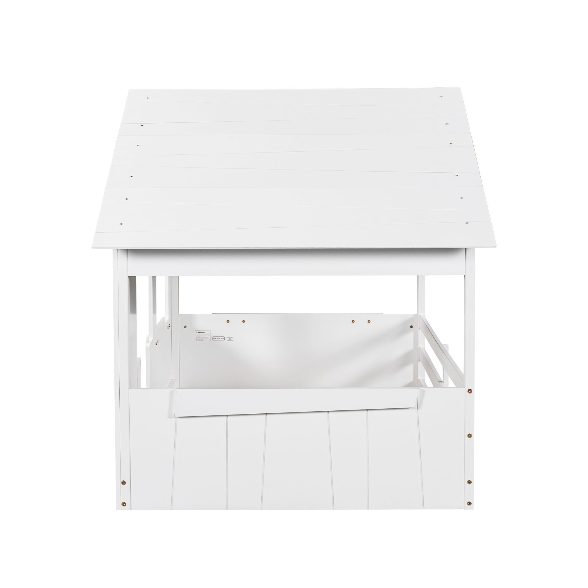 Wood Full/Twin Size House Bed with Roof, Window and Guardrail, Light Green/White