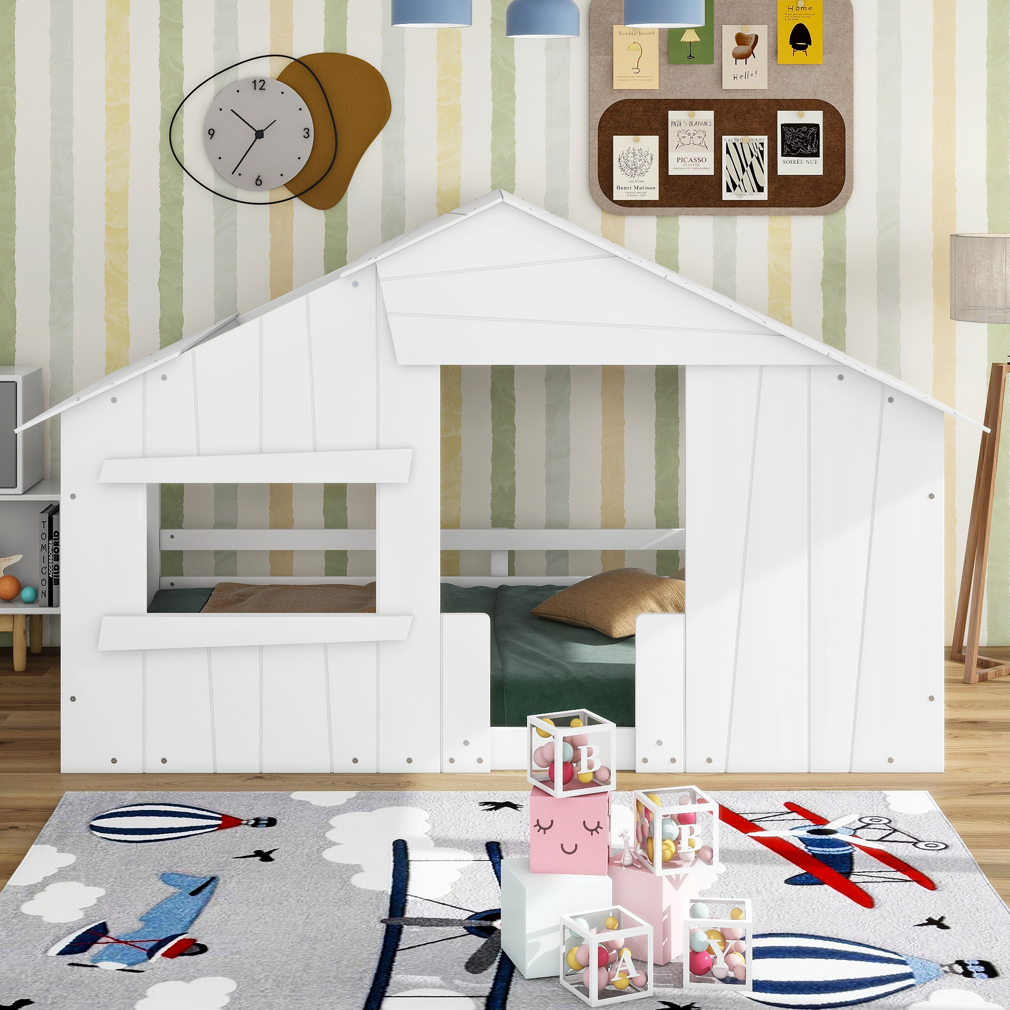 Wood Full/Twin Size House Bed with Roof, Window and Guardrail, Light Green/White