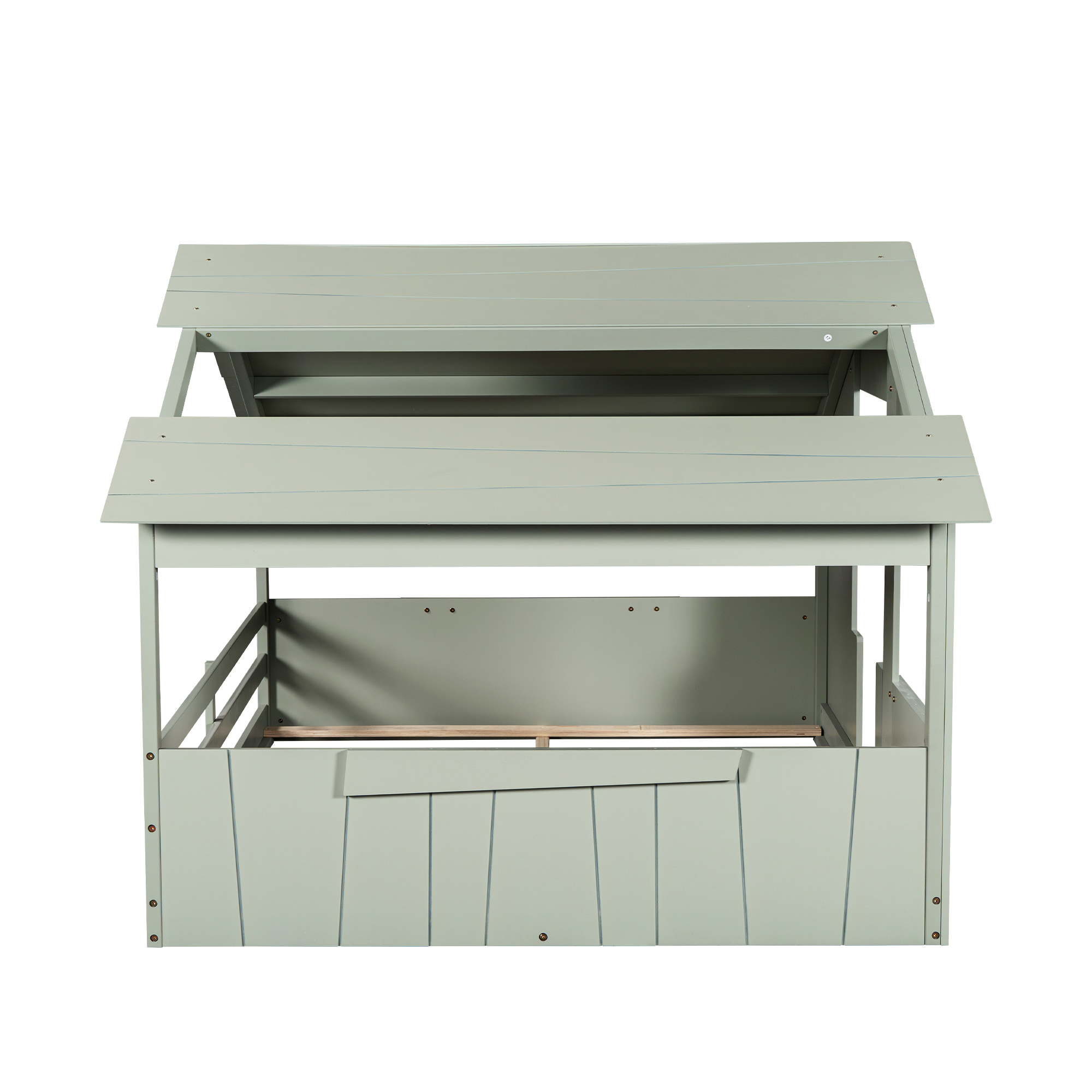 Wood Full/Twin Size House Bed with Roof, Window and Guardrail, Light Green/White