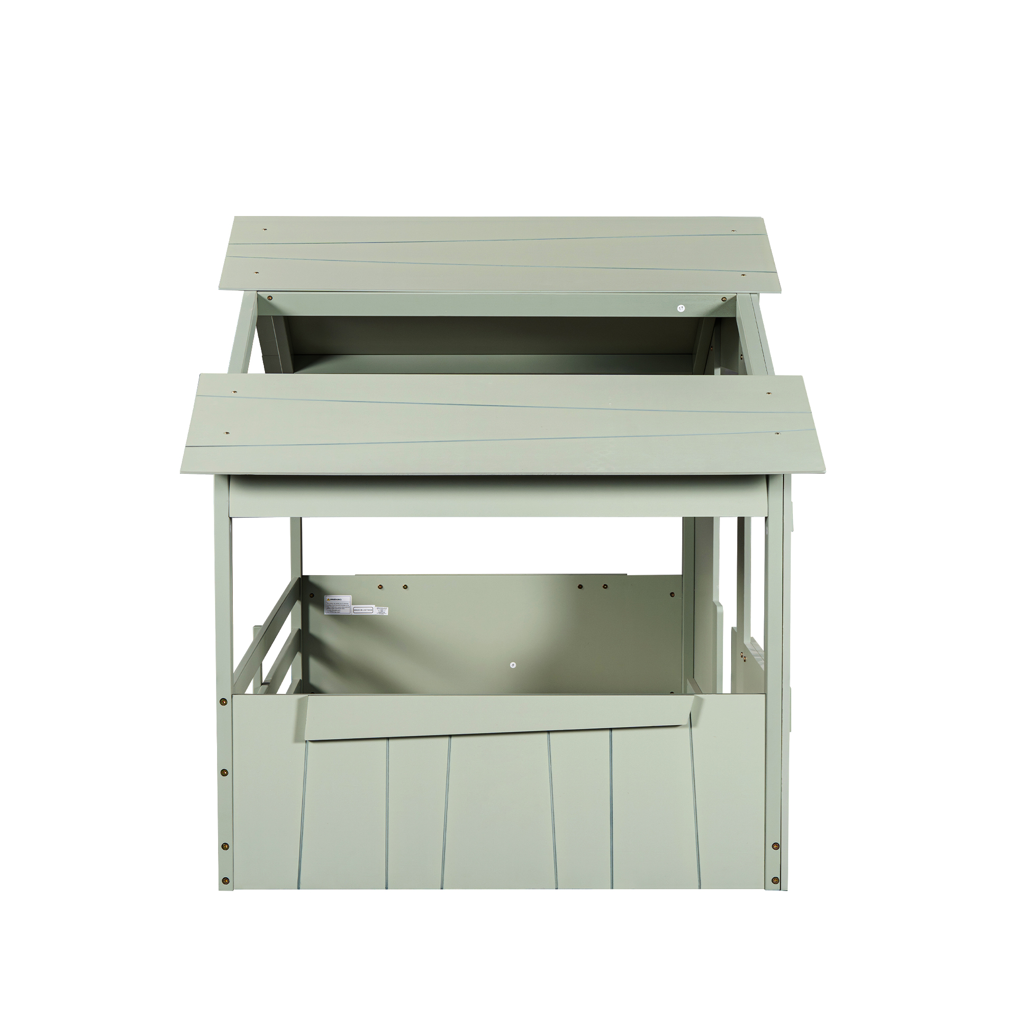 Wood Full/Twin Size House Bed with Roof, Window and Guardrail, Light Green/White