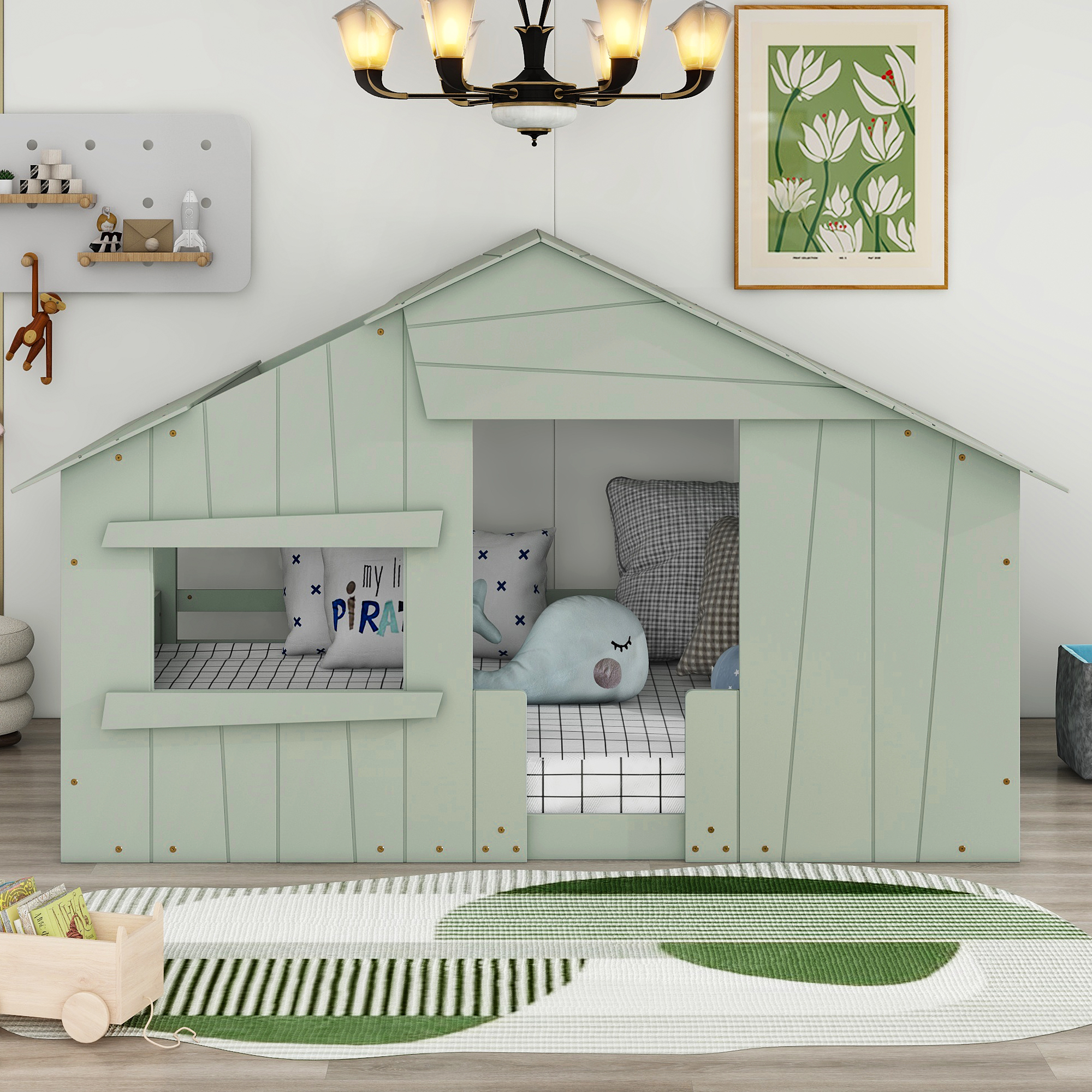 Wood Full/Twin Size House Bed with Roof, Window and Guardrail, Light Green/White
