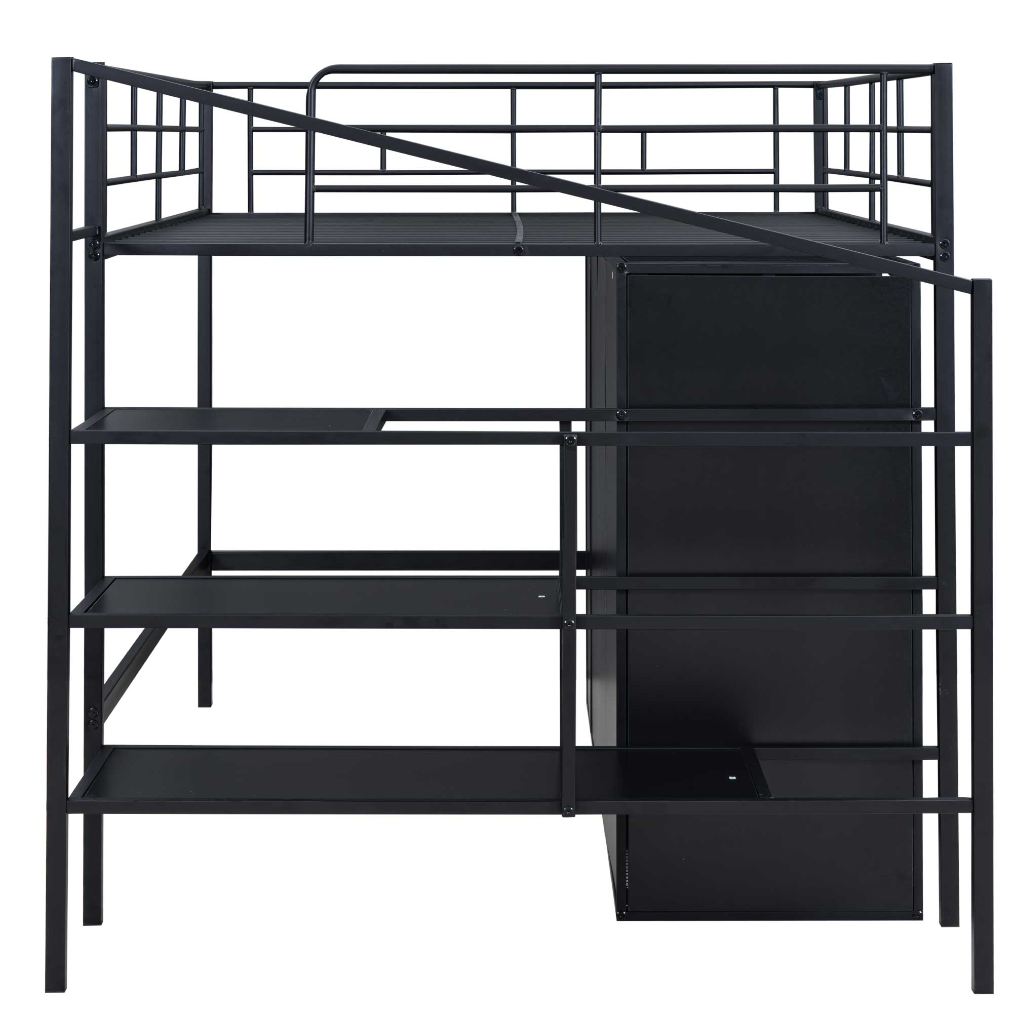 Full/Twin Size Metal Loft Bed with Drawers, Storage Staircase and Small Wardrobe