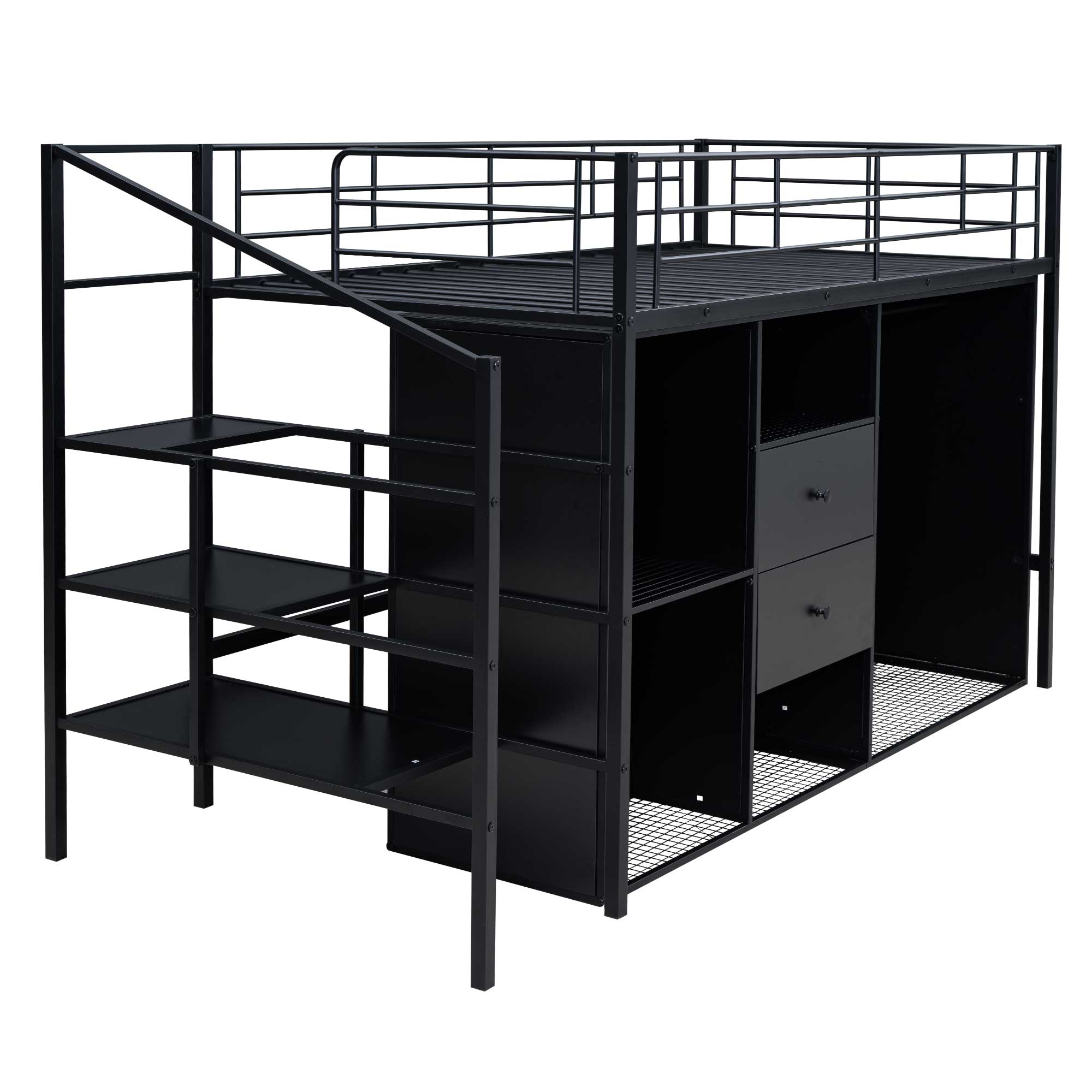 Full/Twin Size Metal Loft Bed with Drawers, Storage Staircase and Small Wardrobe