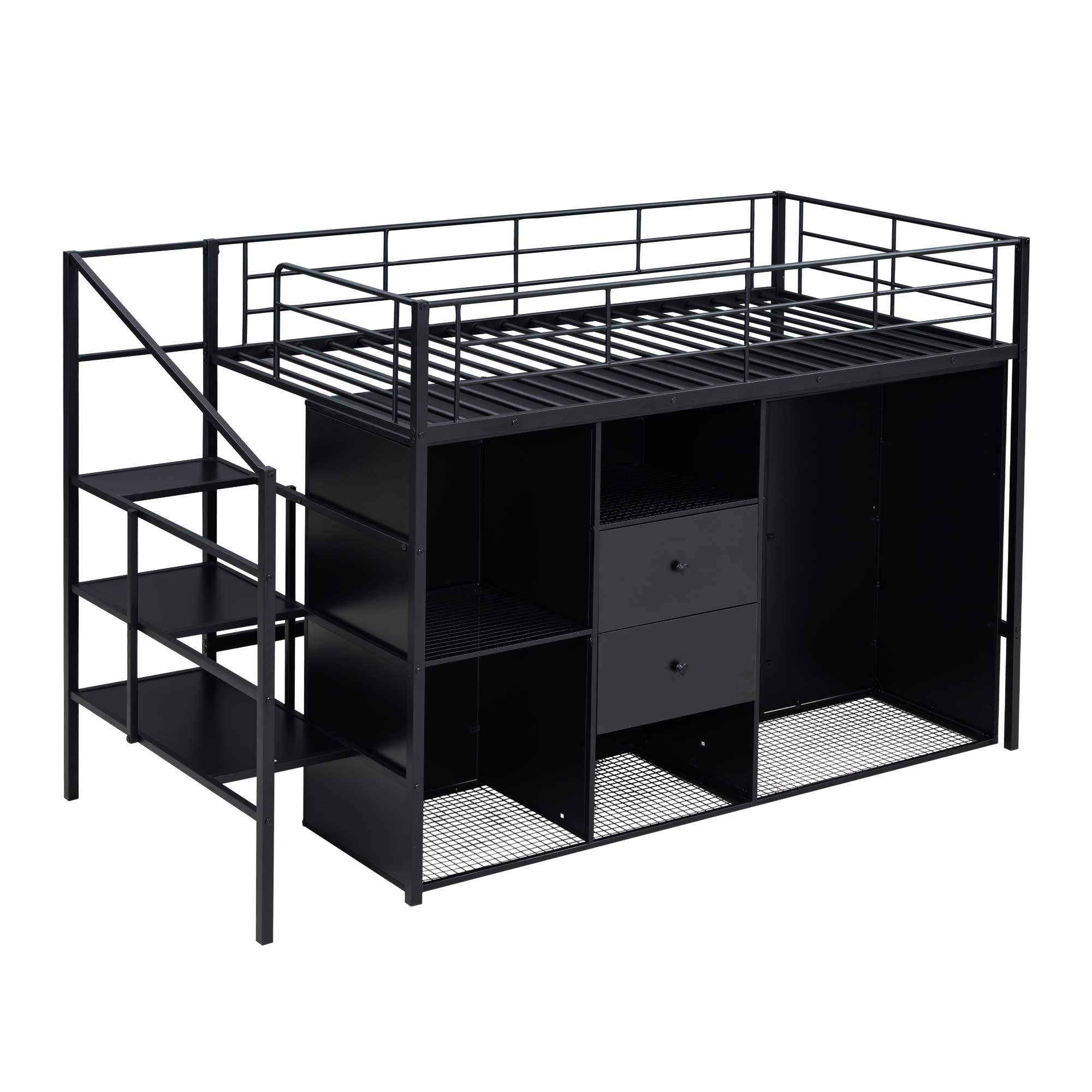Full/Twin Size Metal Loft Bed with Drawers, Storage Staircase and Small Wardrobe