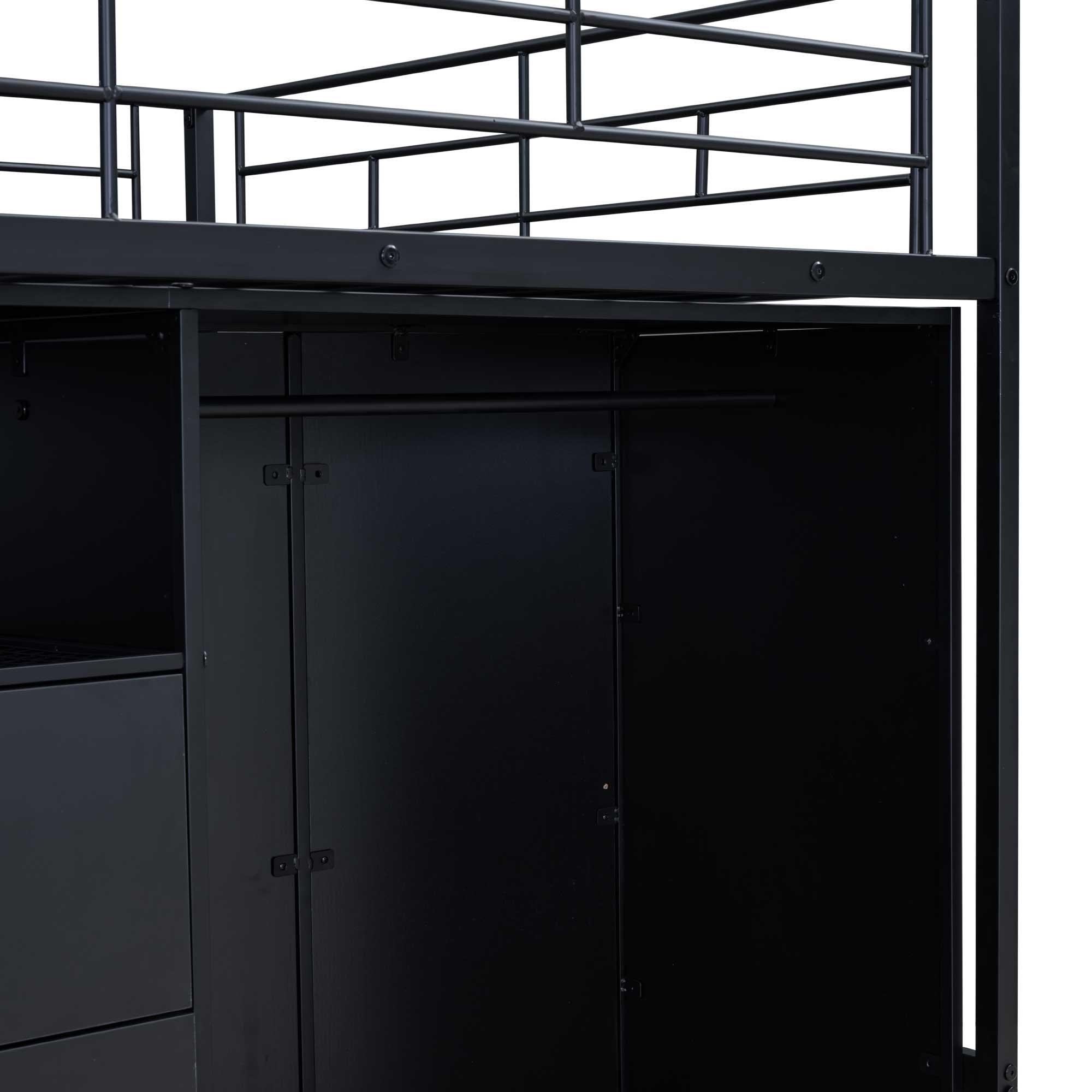 Full/Twin Size Metal Loft Bed with Drawers, Storage Staircase and Small Wardrobe