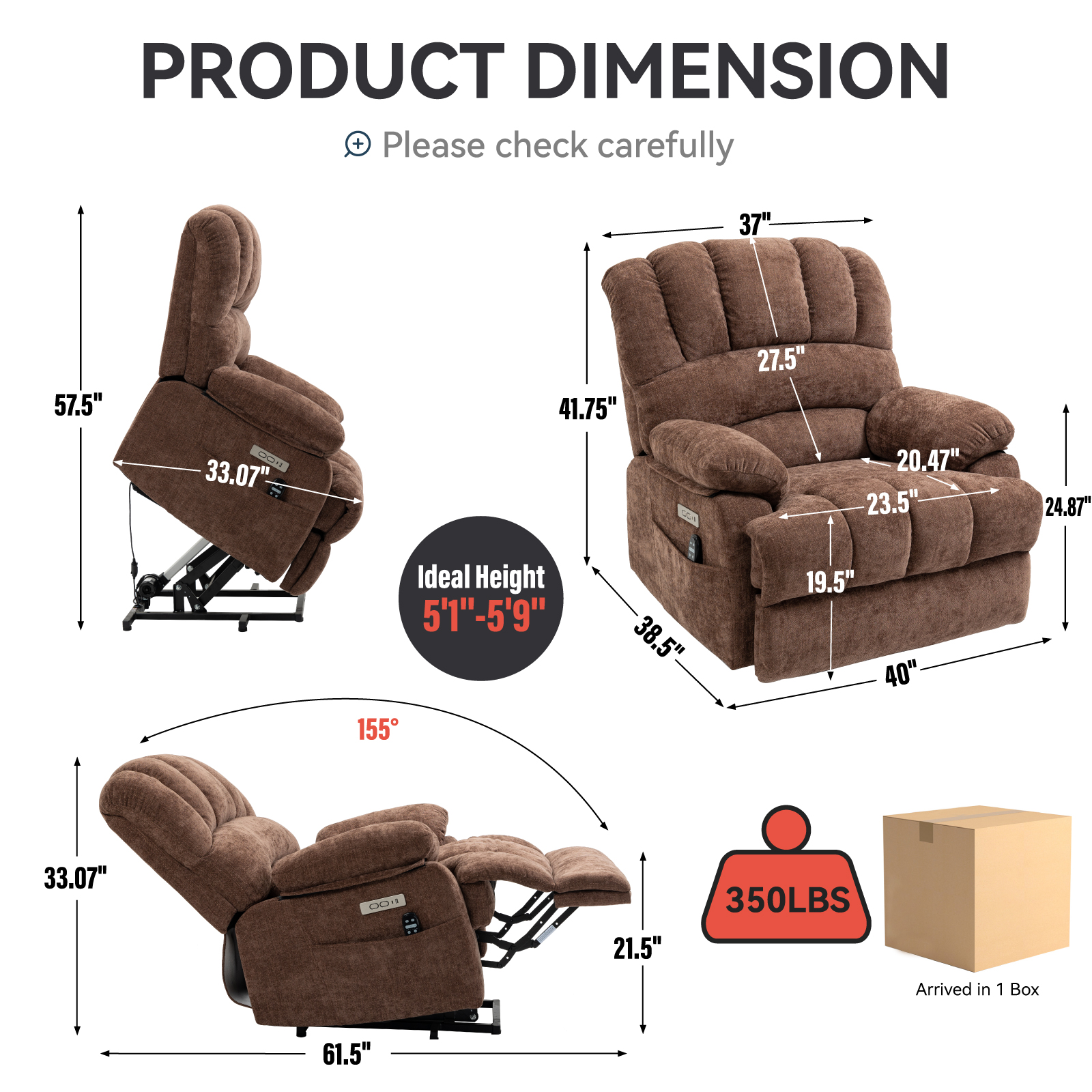 23" Seat Width and High Back Large Size Chenille Power Lift Recliner Chair with 8-Point Vibration Massage and Lumbar Heating, Brown/Beige/Blue