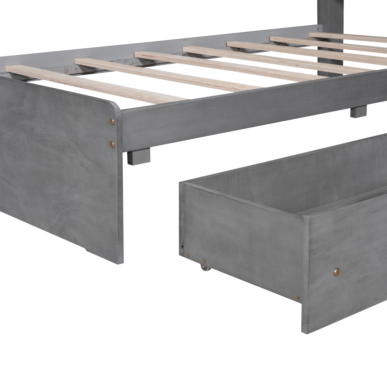 Twin Size Wood Platform Bed with House-shaped Storage Headboard and 2 Drawers, Walnut/Gray